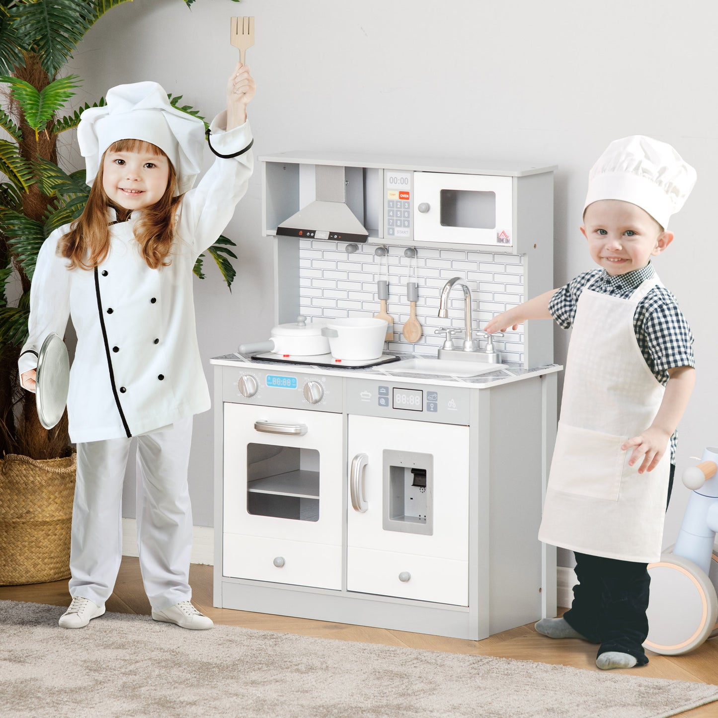 Kids Wooden Toy Kitchen Pretend Play Cooking Playset w/ Sound &