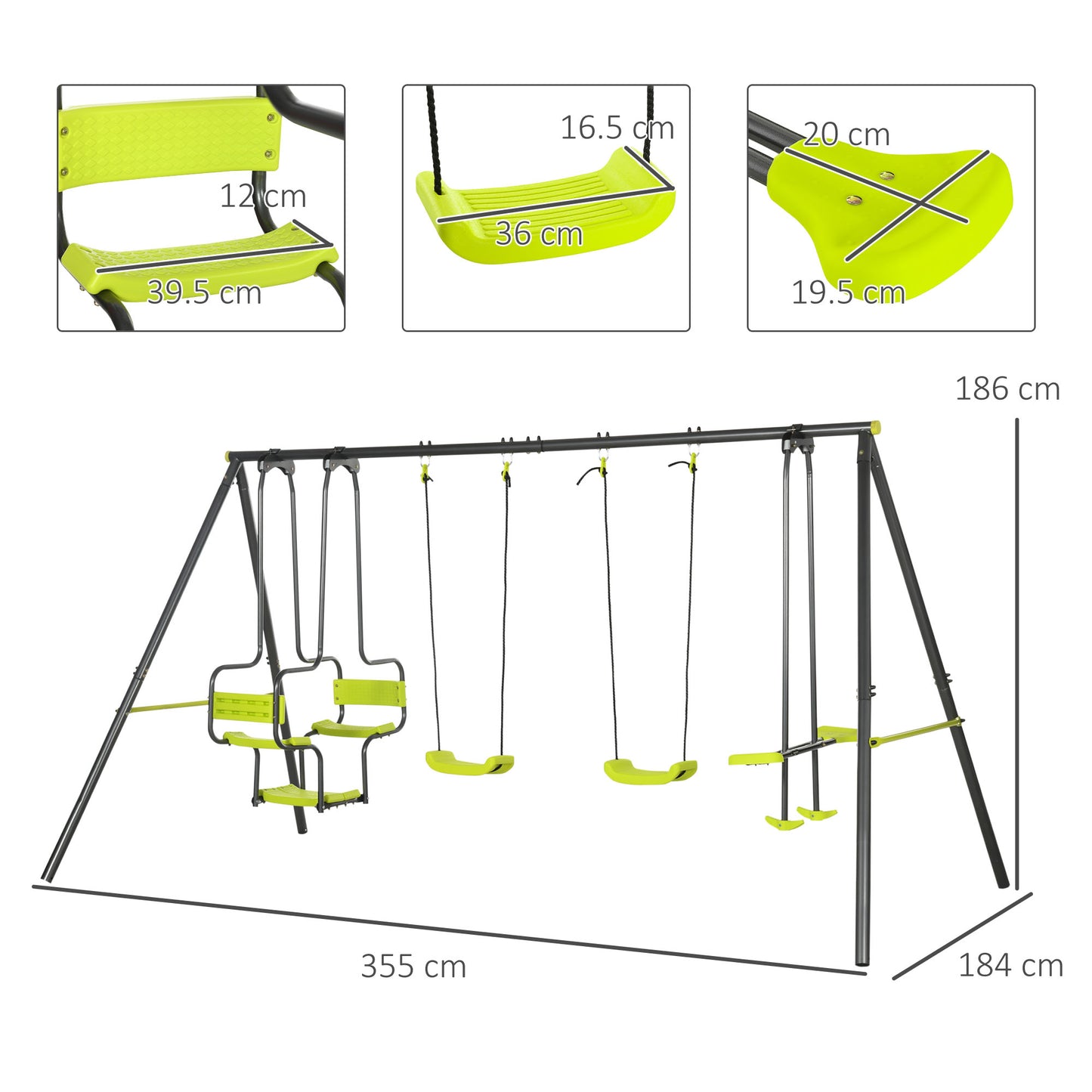 Metal Garden Swing Set with Double Swings, Glider, Swing Seats