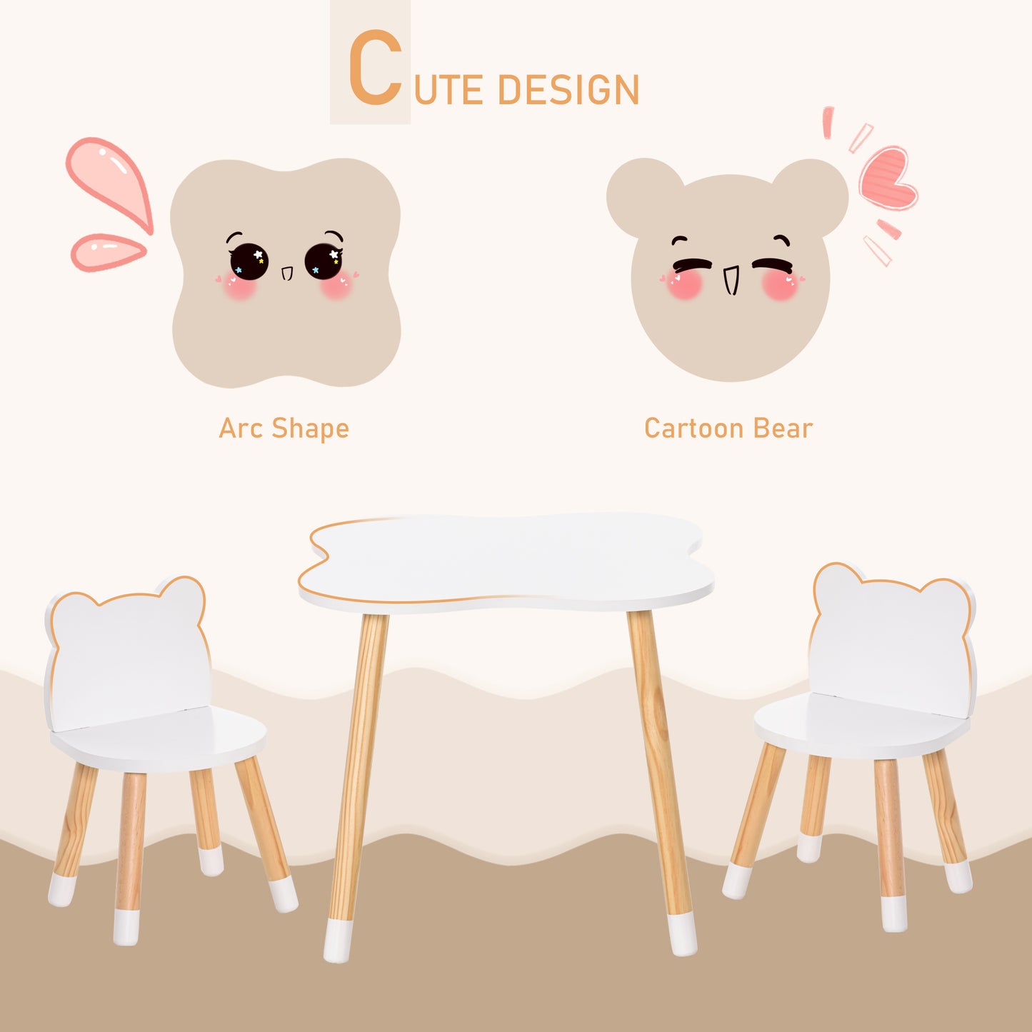3-Piece Kids Table and Chair Set with 2 Bear-Shaped Chairs