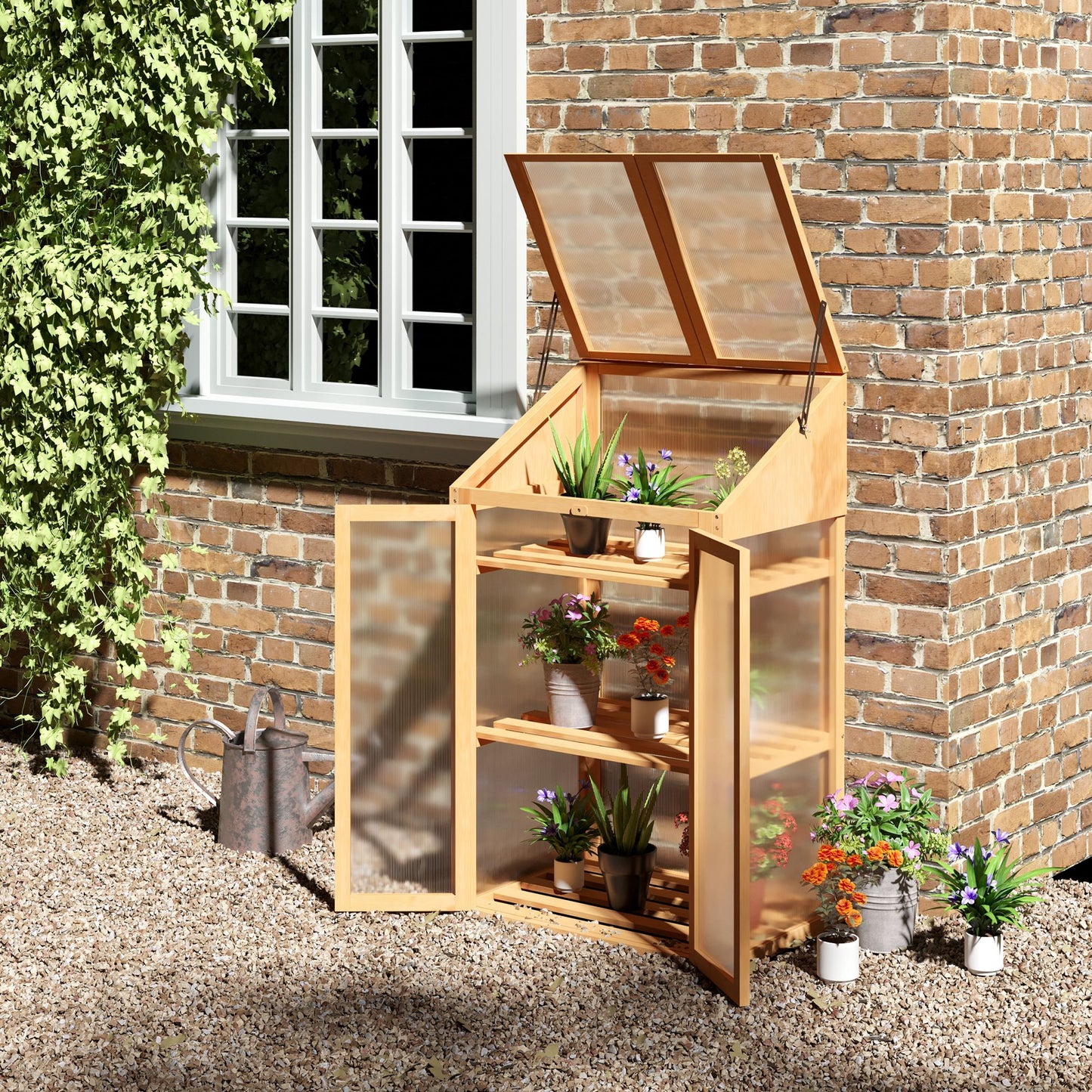 Wooden Cold Frame Polycarbonate Greenhouse with Openable Top Cover