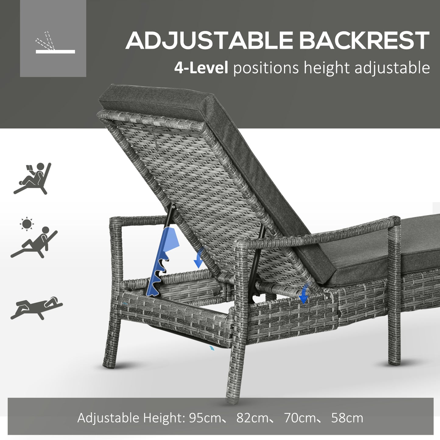 Patio Rattan Sun Lounger, Dual Wicker Weave Outdoor Single