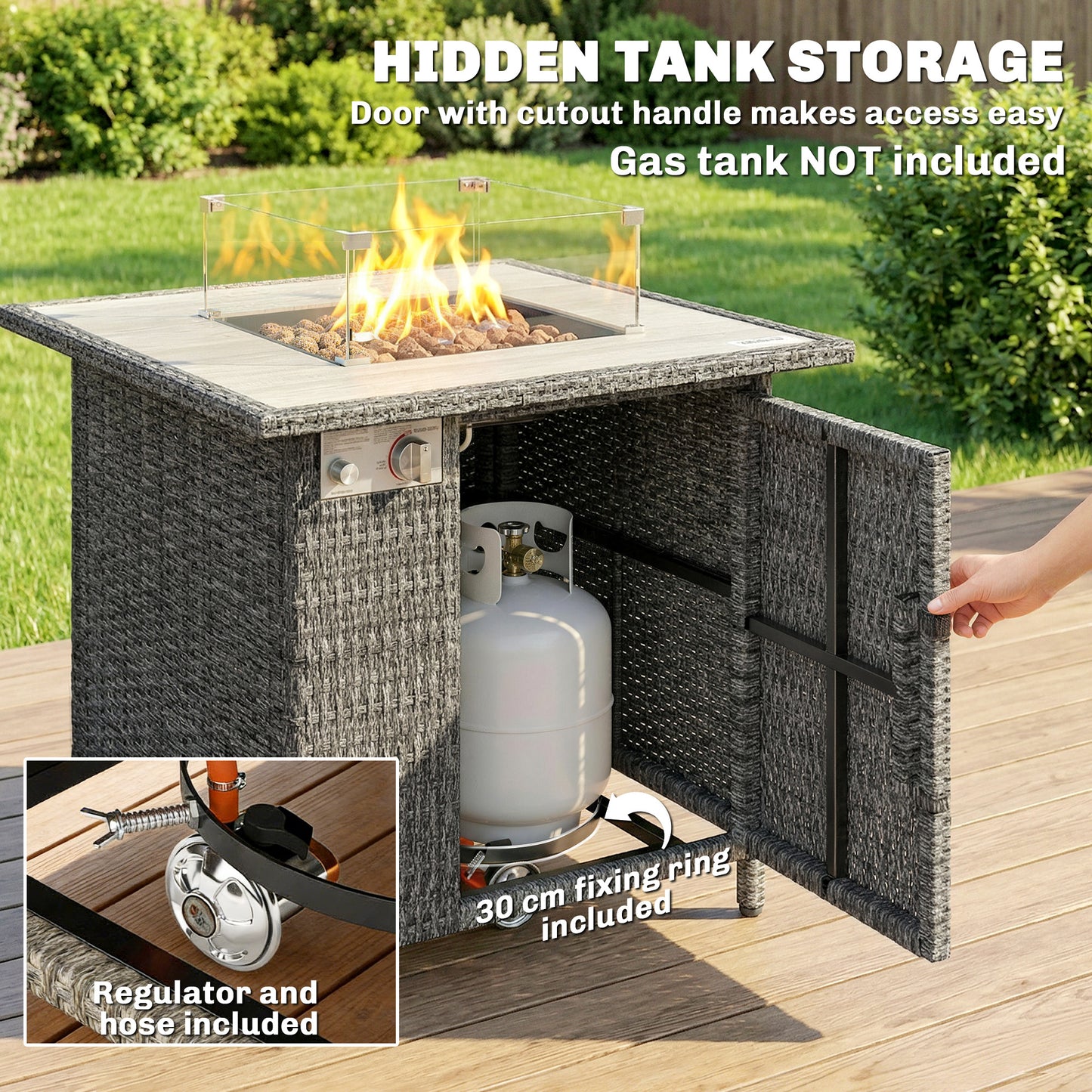 14.5 KW Rattan Gas Fire Pit Dining Table with Rain Cover, Wind Guard