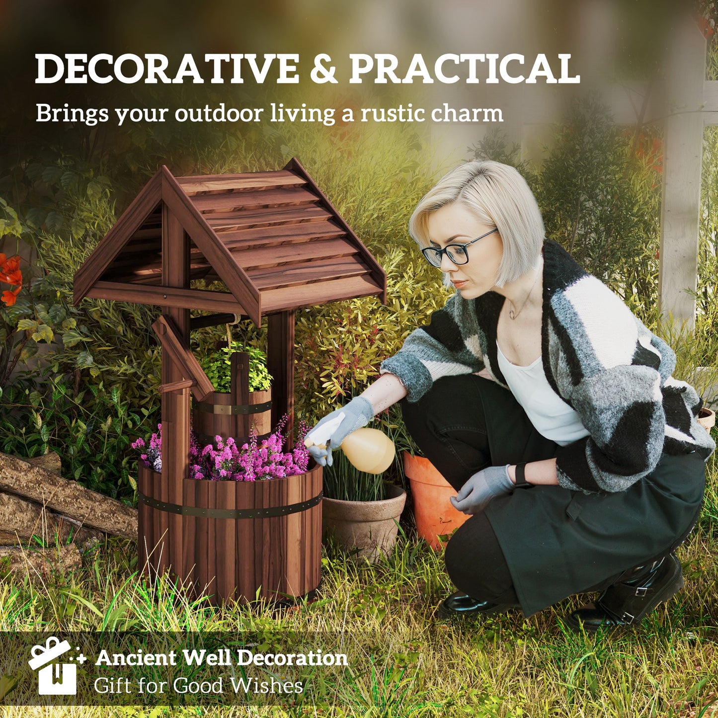 Wood Wishing Well for Outside with Hanging Bucket