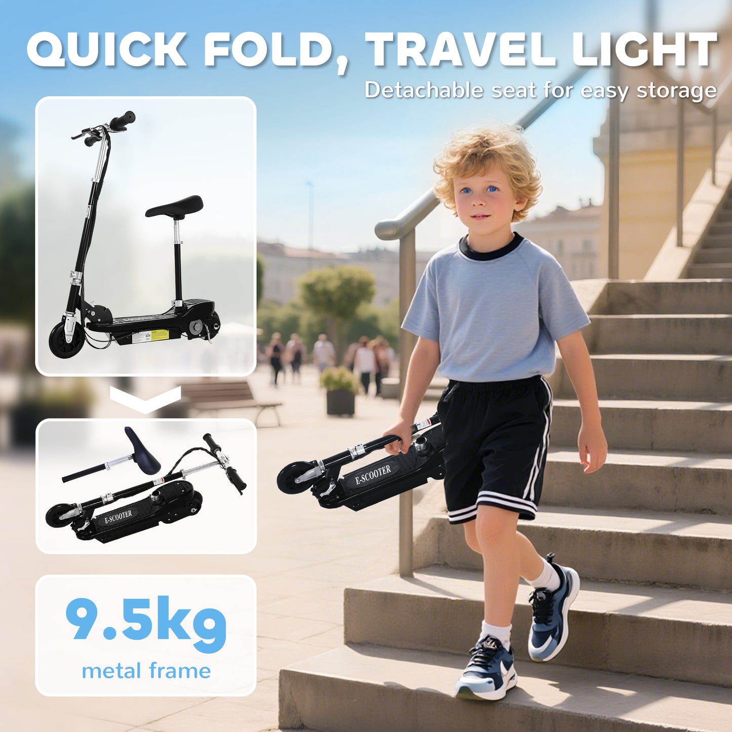 Powered Electric Scooter Ride-On, with Brakes, Adjustable Seat