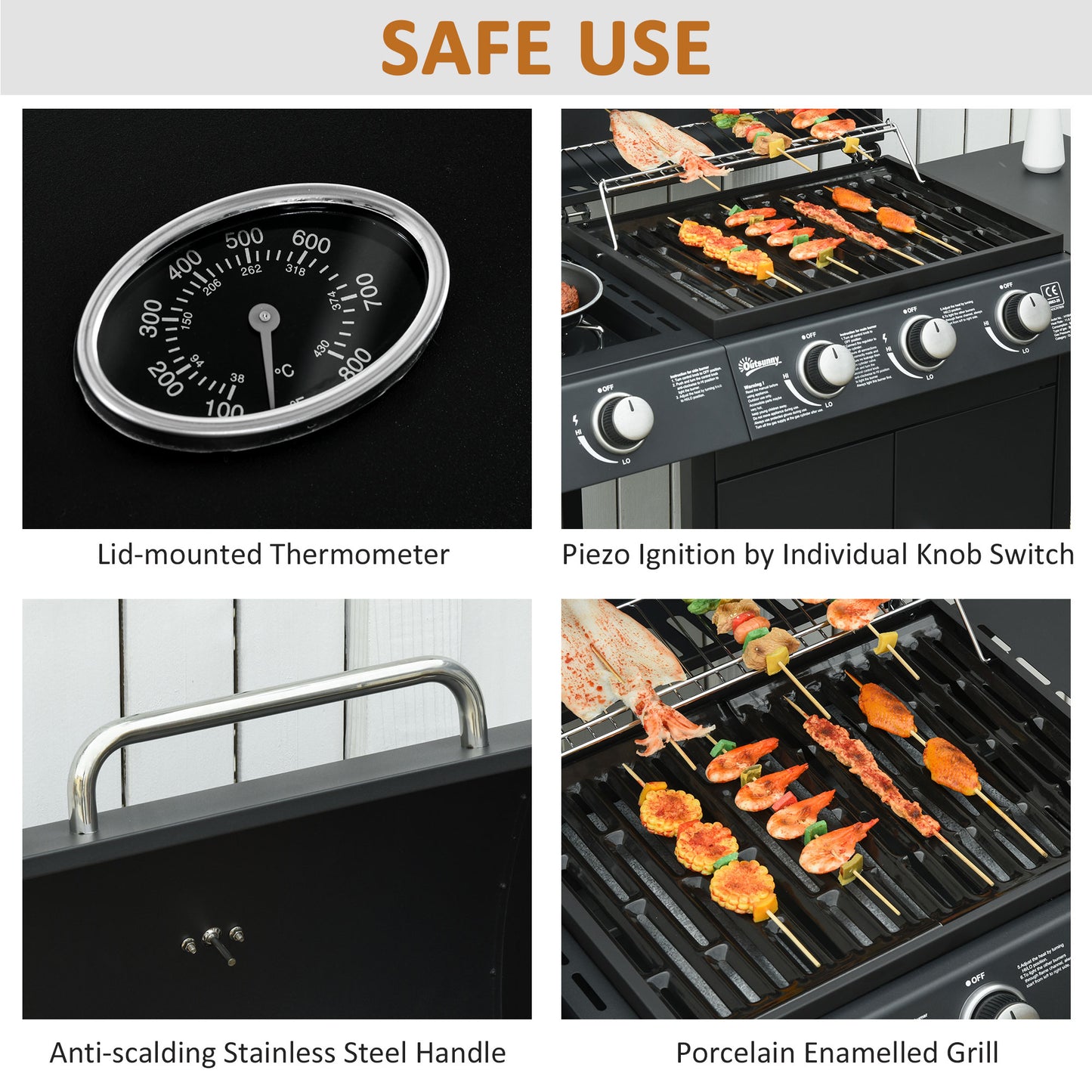 3+1 Burner Gas BBQ Grill, Outdoor Barbecue Trolley with Wheels