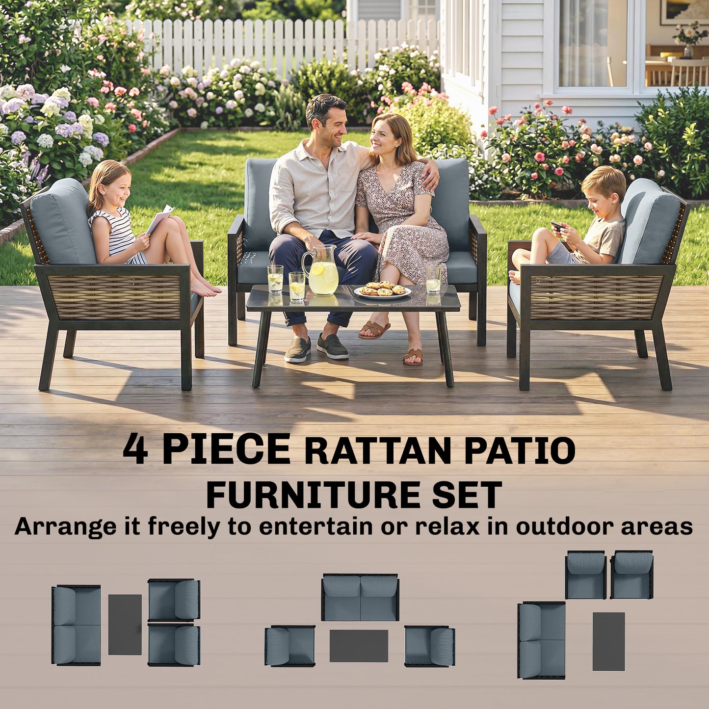 4 Seater Rattan Garden Furniture Set with 2 Armchairs, Loveseat (3)