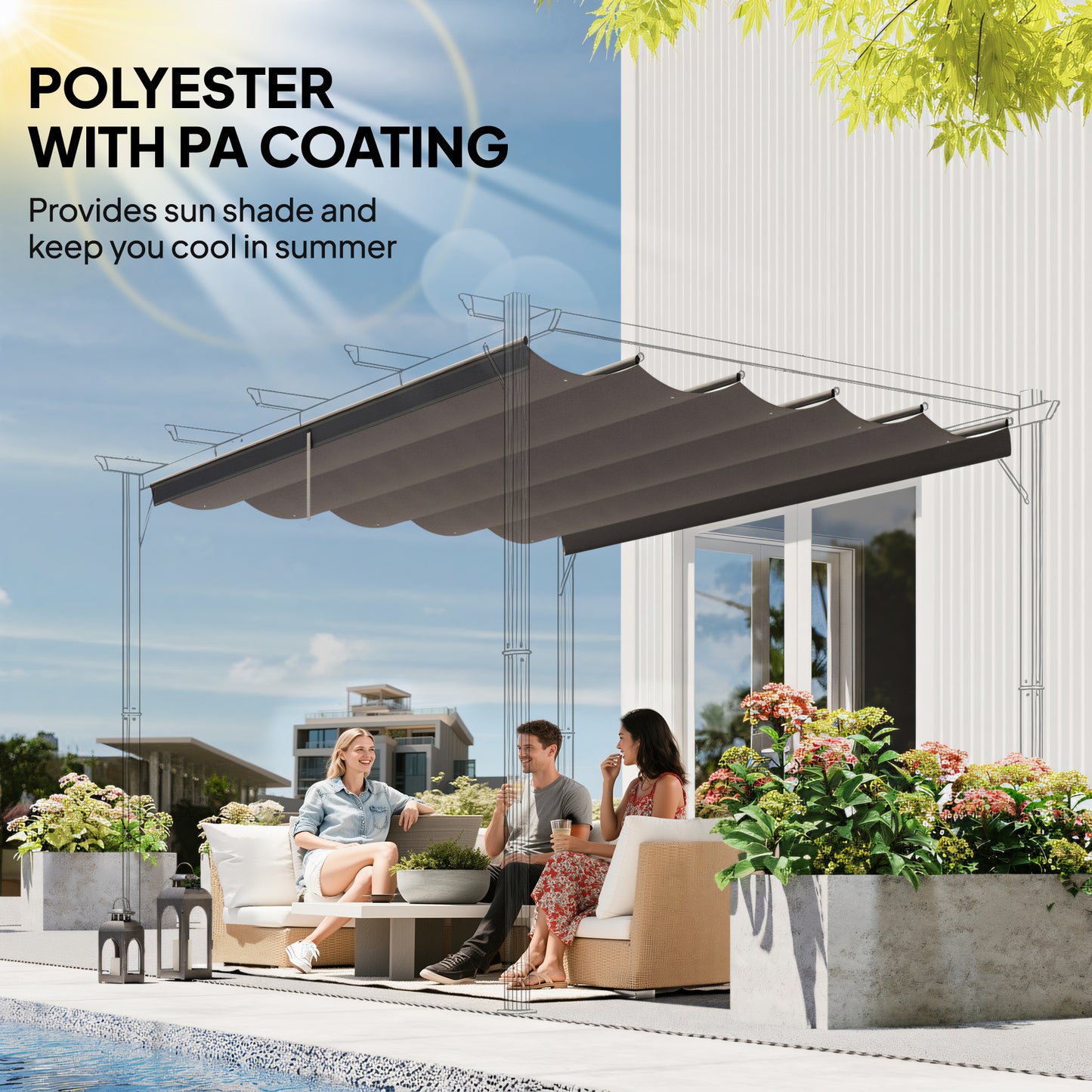 Retractable Pergola Cover, 2.55 x 2.5 m Replacement Canopy Fabric