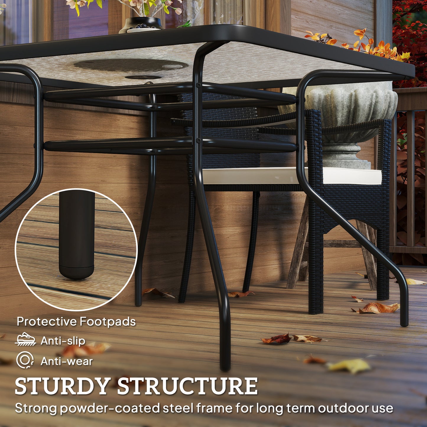 Square Garden Dining Table with Tempered Glass Top & Umbrella Hole (1)