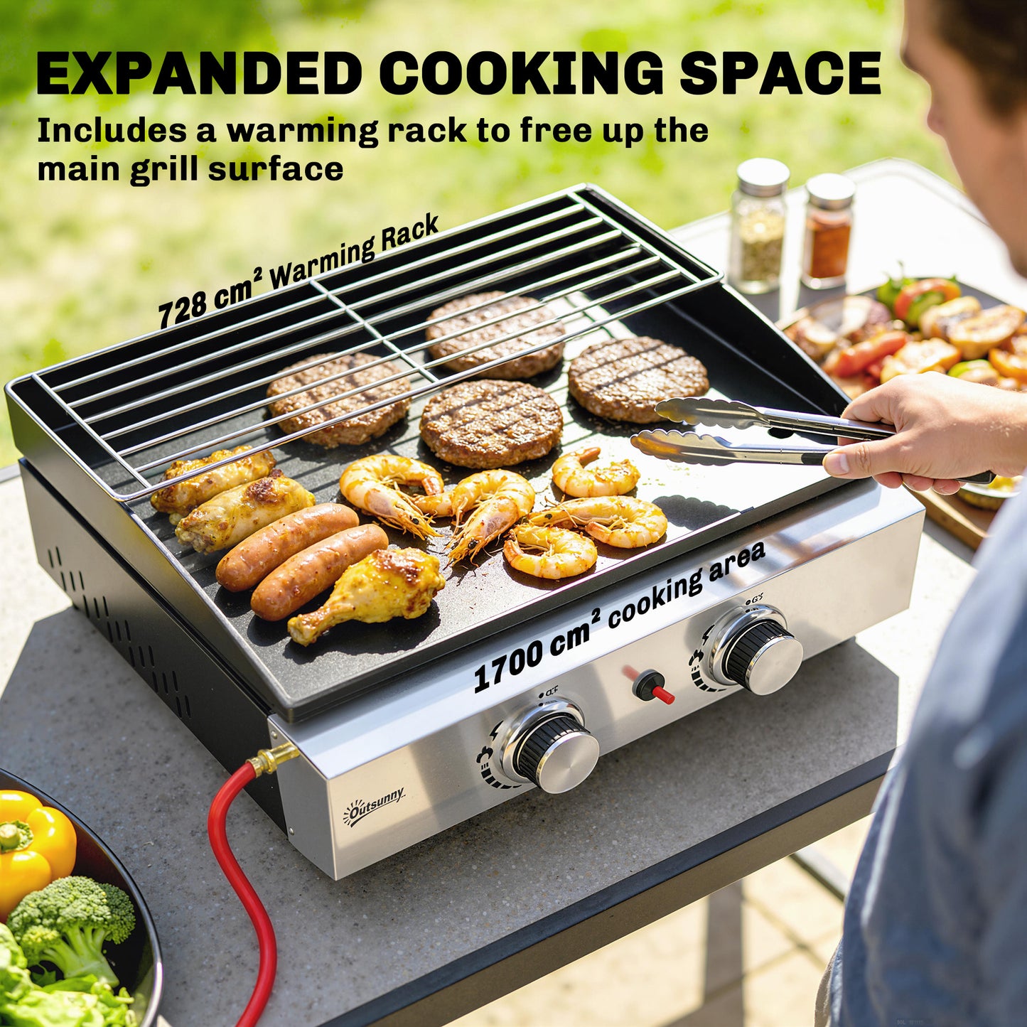 2 Burner Grill Griddle, Portable Gas Plancha with Warming Rack, 5 kW