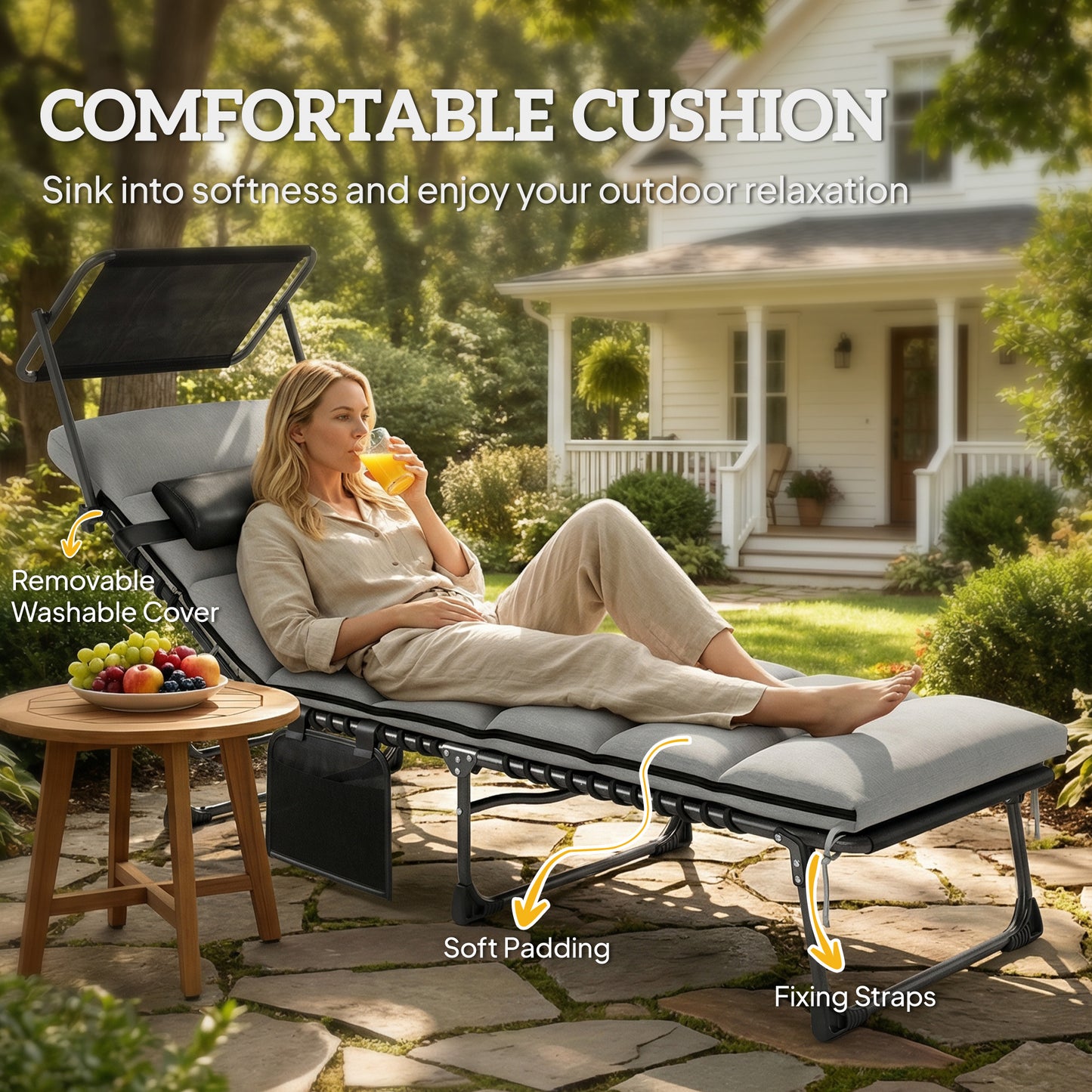 Folding Sun Lounger with Canopy, Reclining Sunbed with Cushion