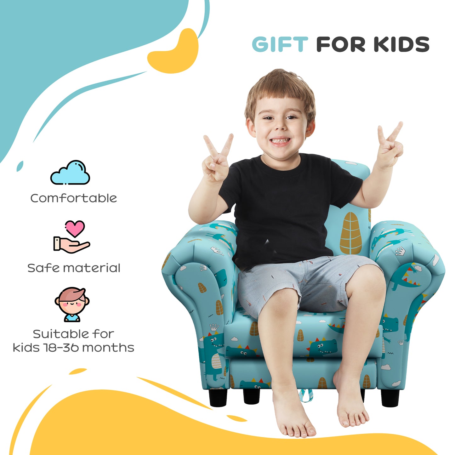 2 Piece Kids Sofa Set with Dinosaur Design, Wooden Frame