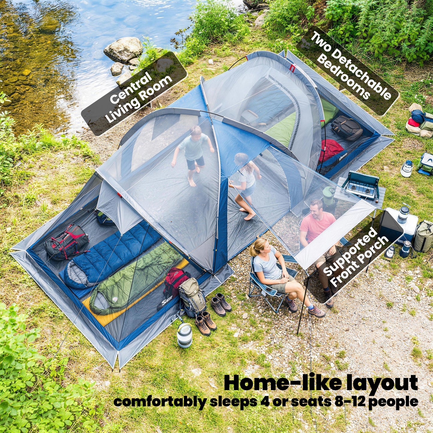 Family Camping Tent 3000mm Waterproof Windproof Tunnel Tent 8-12 (1)