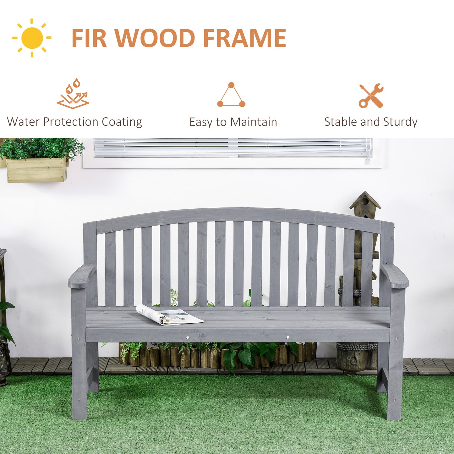 2 Seater Wooden Garden Bench with Armrest