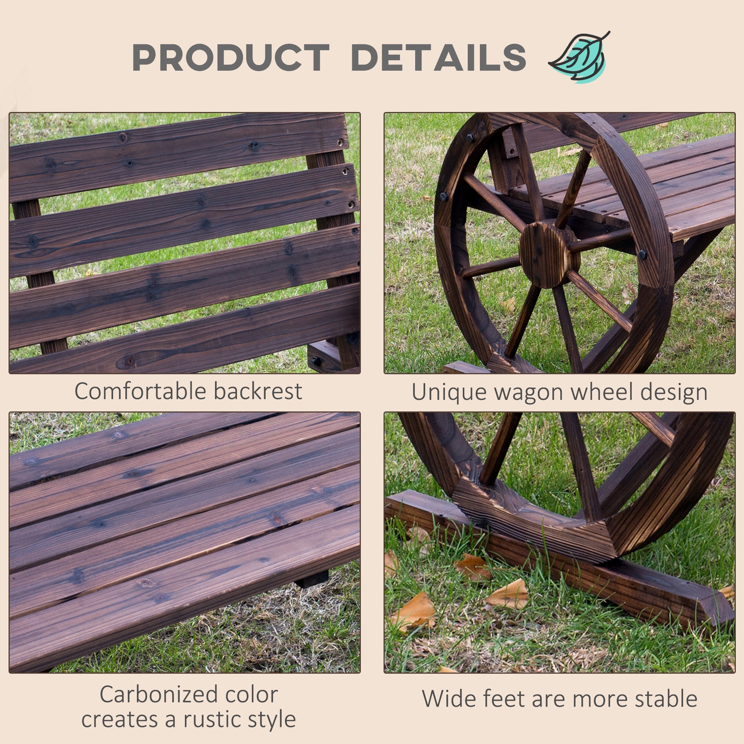 2 Seater Garden Bench with Wooden Cart Wagon Wheel Rustic High Back