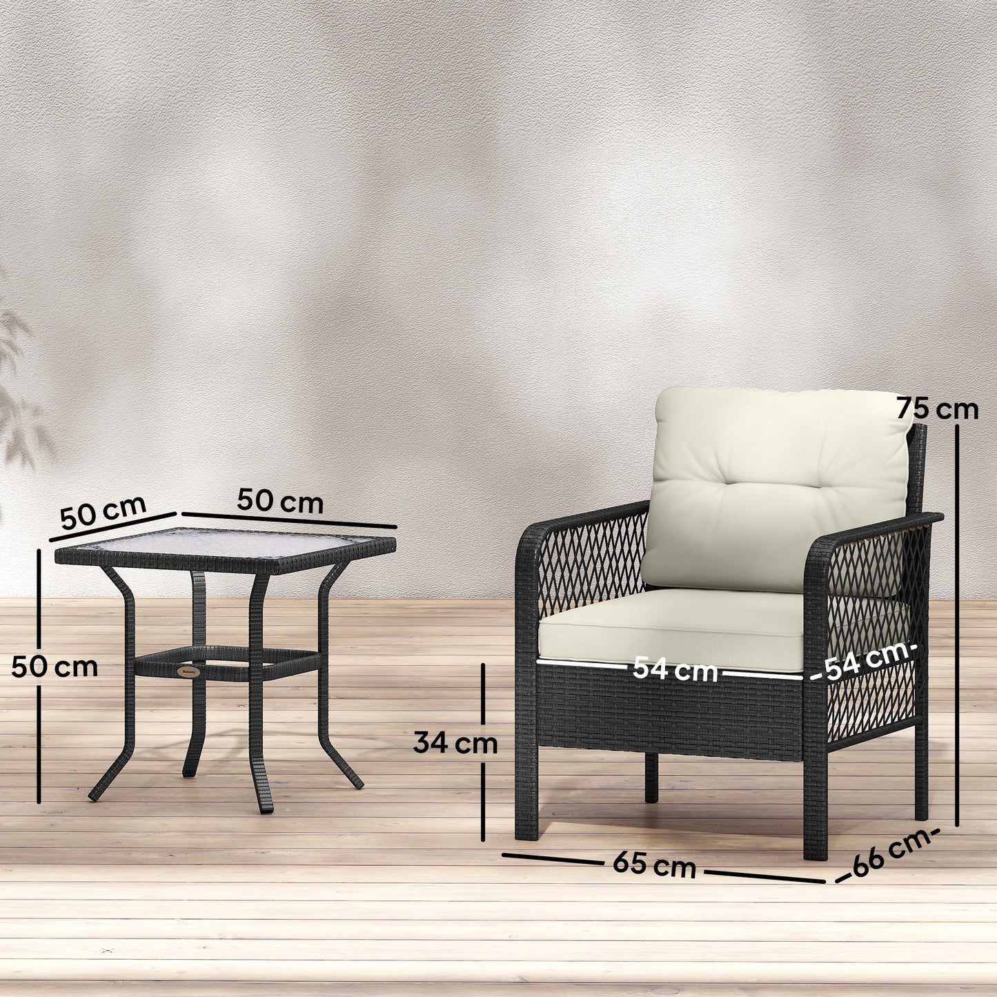 3 Pieces Rattan Bistro Set with Glass Top Coffee Table