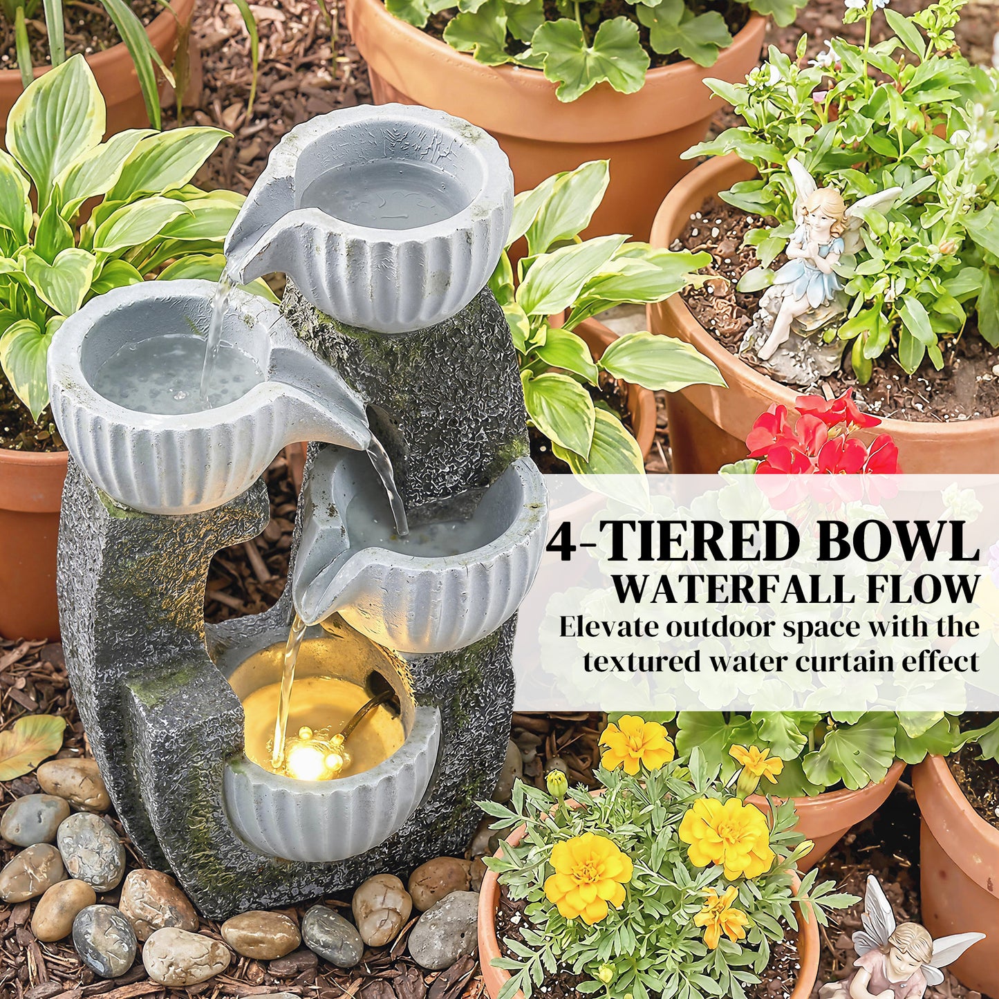 4-Tier Bowl Water Feature, Indoor Outdoor Garden Water Fountain
