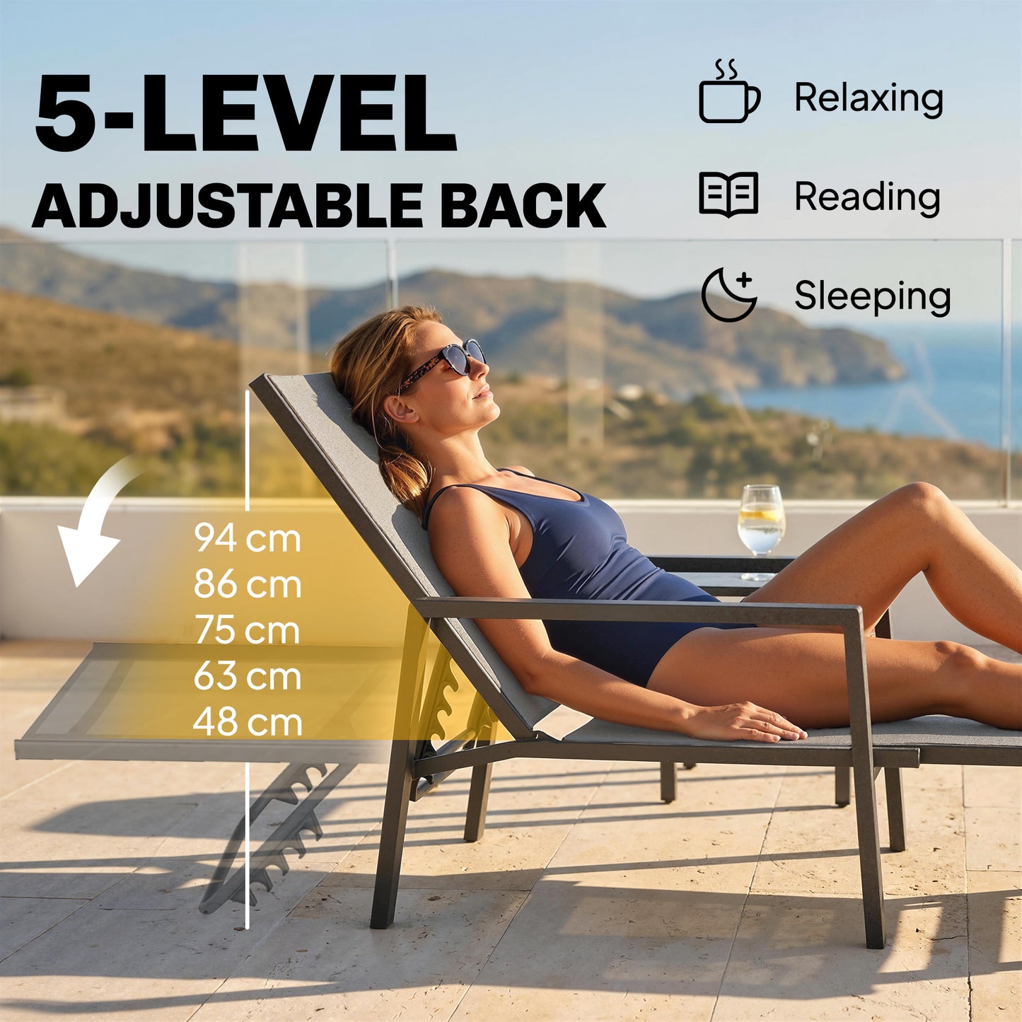 Sun Loungers Set of 2 Retractable Footrest 5-Position Adjustable