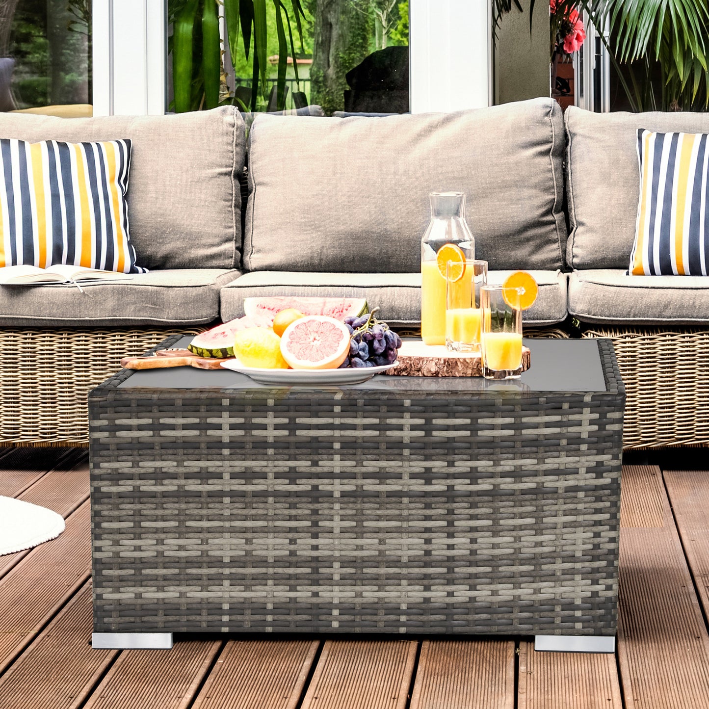 Square PE Wicker Rattan Table with Glass Top