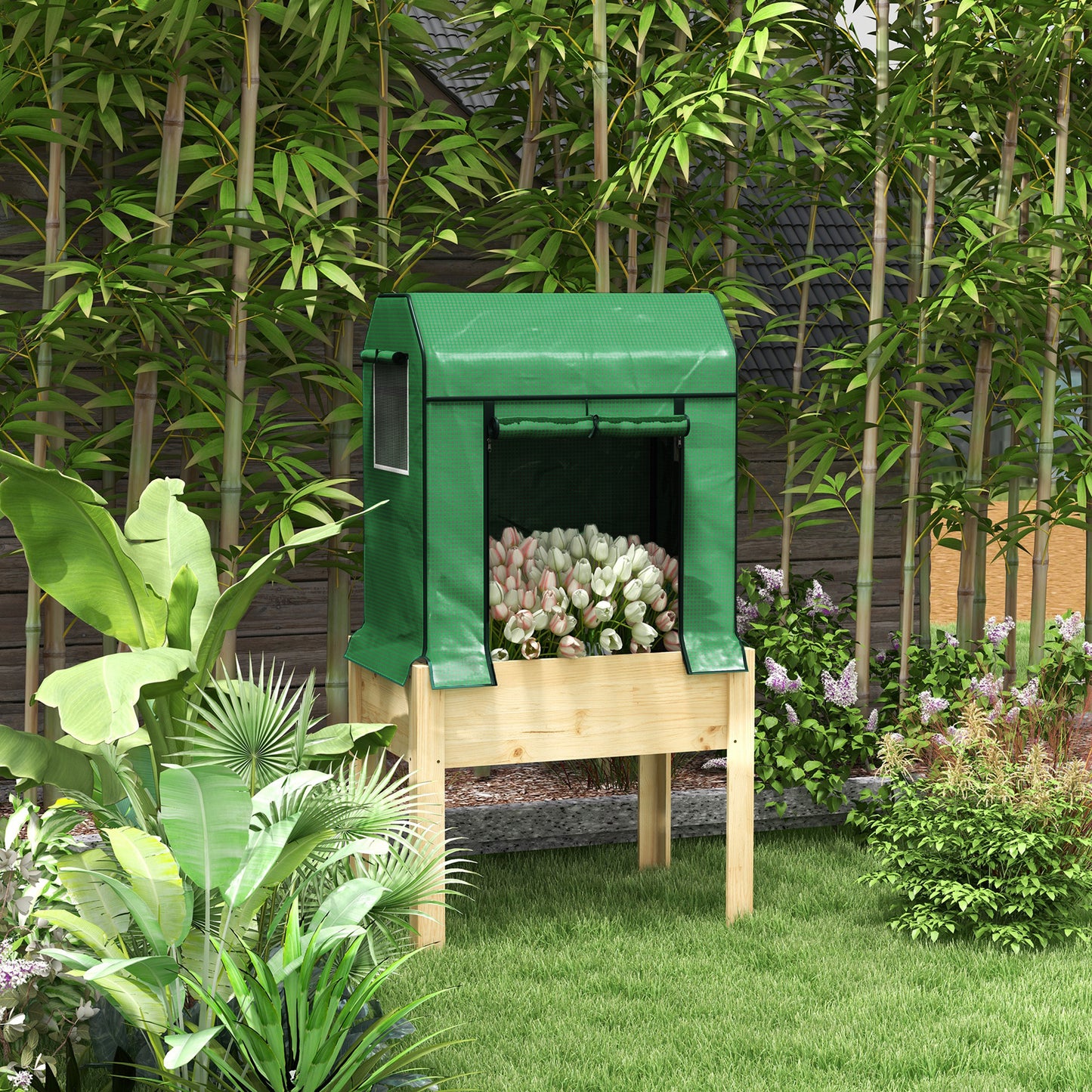 Wooden Planter Box with PE Greenhouse Cover and Bed Liner