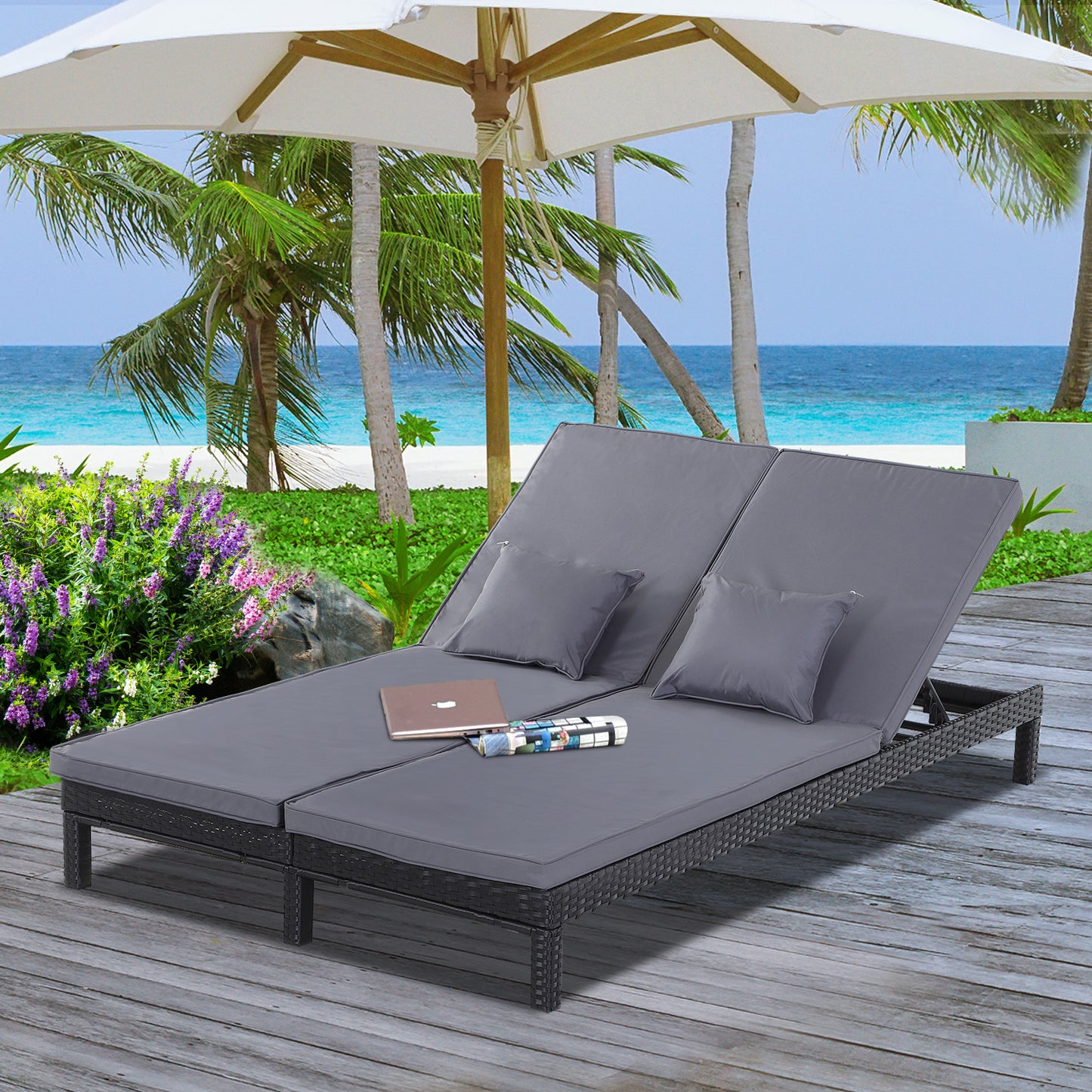 2 Seater Rattan Lounger Adjustable Double Chaise Chair Loveseat w/