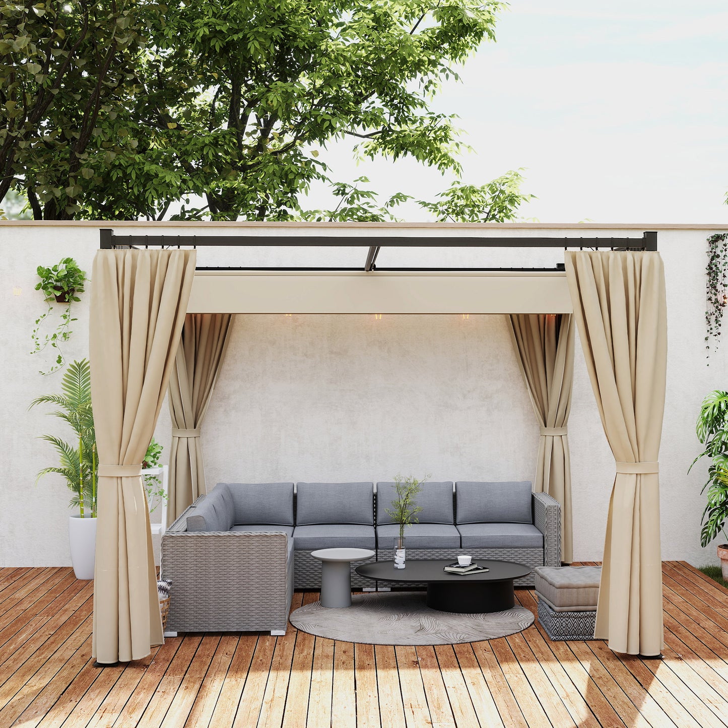 3 x 3(m) Retractable Pergola, Garden Gazebo Shelter with Curtains