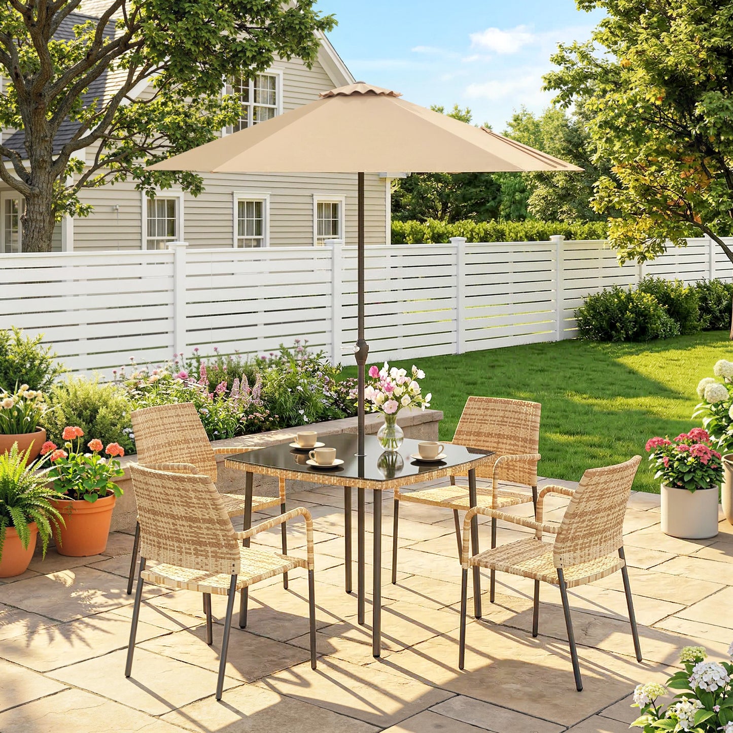 4 Seater Rattan Dining Set with Parasol