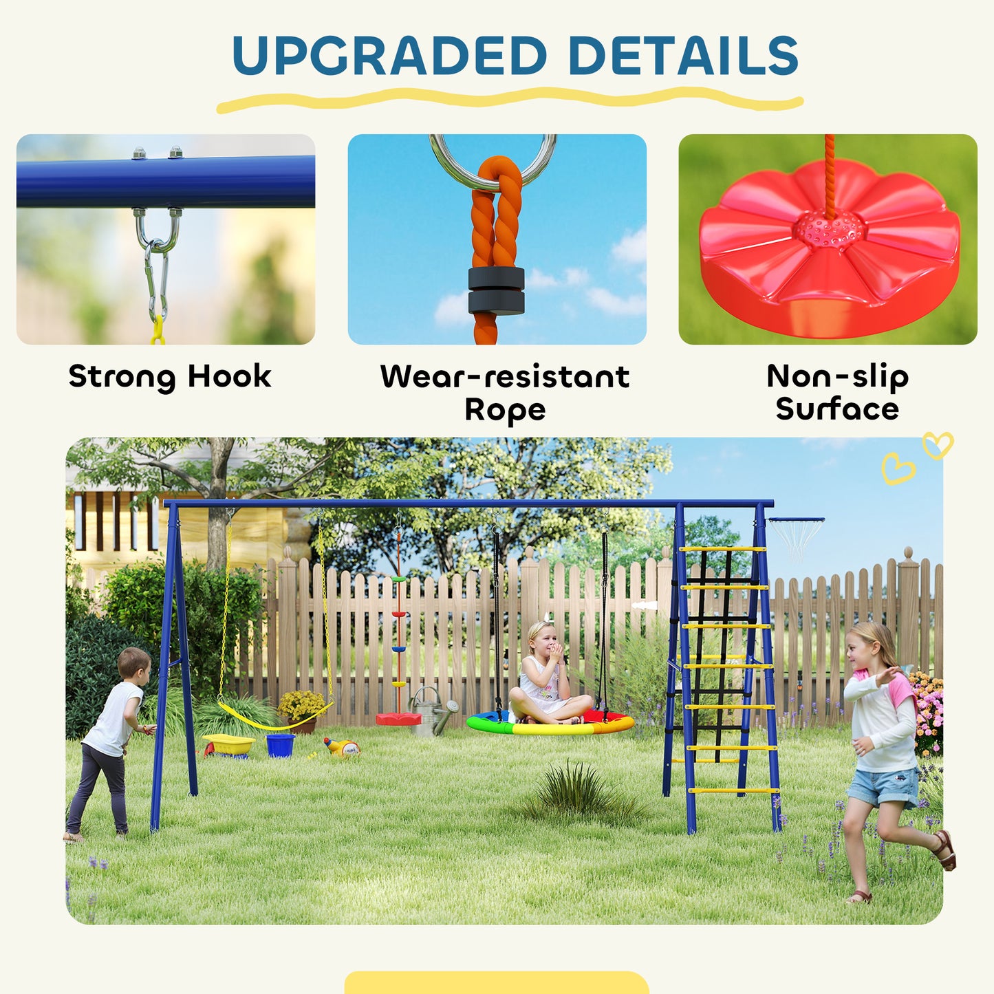 6 in 1 Metal Kids Swing Set with 3 Swings, Climbing Ladder & Net