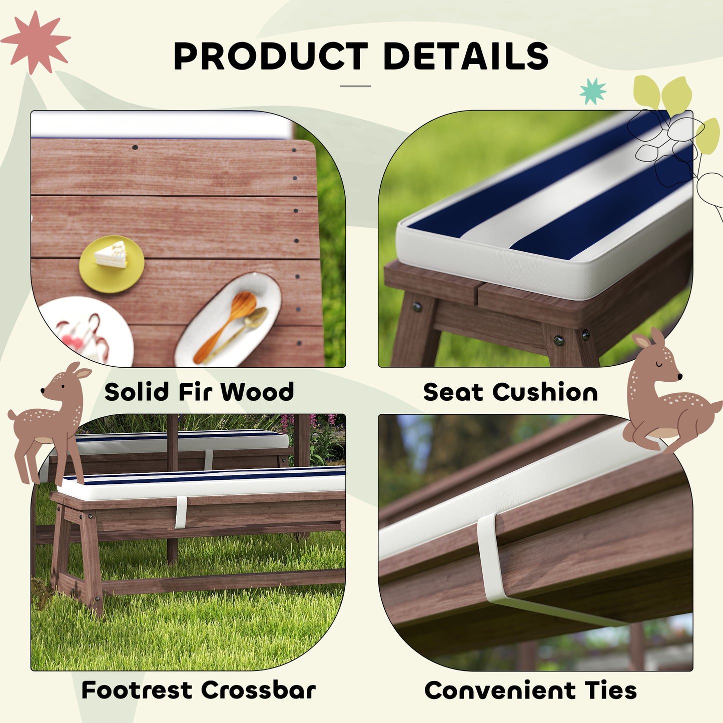 Outdoor Wooden Kids Picnic Table & Bench Set with Cushions
