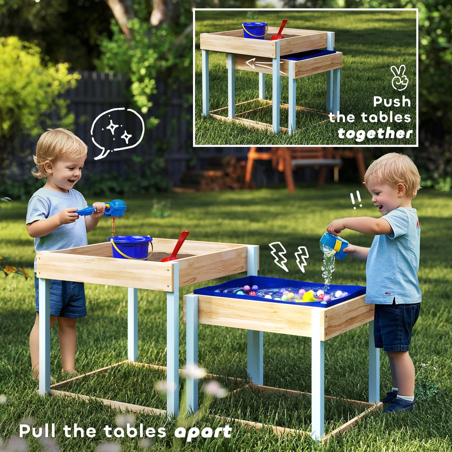 2 PCS Wooden Outdoor Sand and Water Play Tables with Bottom Liner