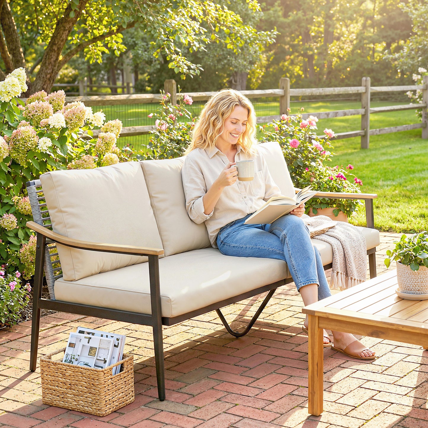 3 Seater Rattan Sofa, Outdoor Garden Sofa with Wood-Effect Armrests