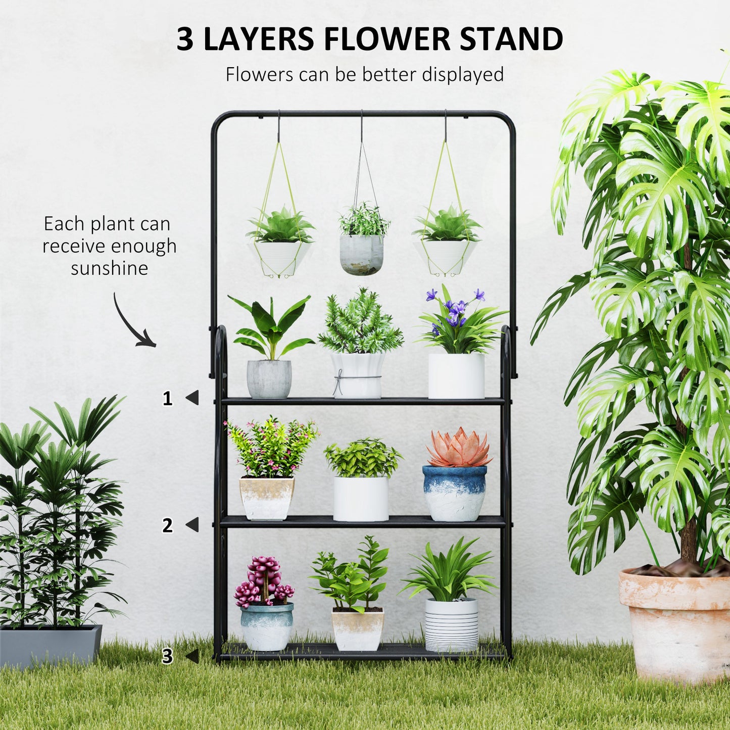 3 Tier Plant Stand with Hanging Rod and Hooks