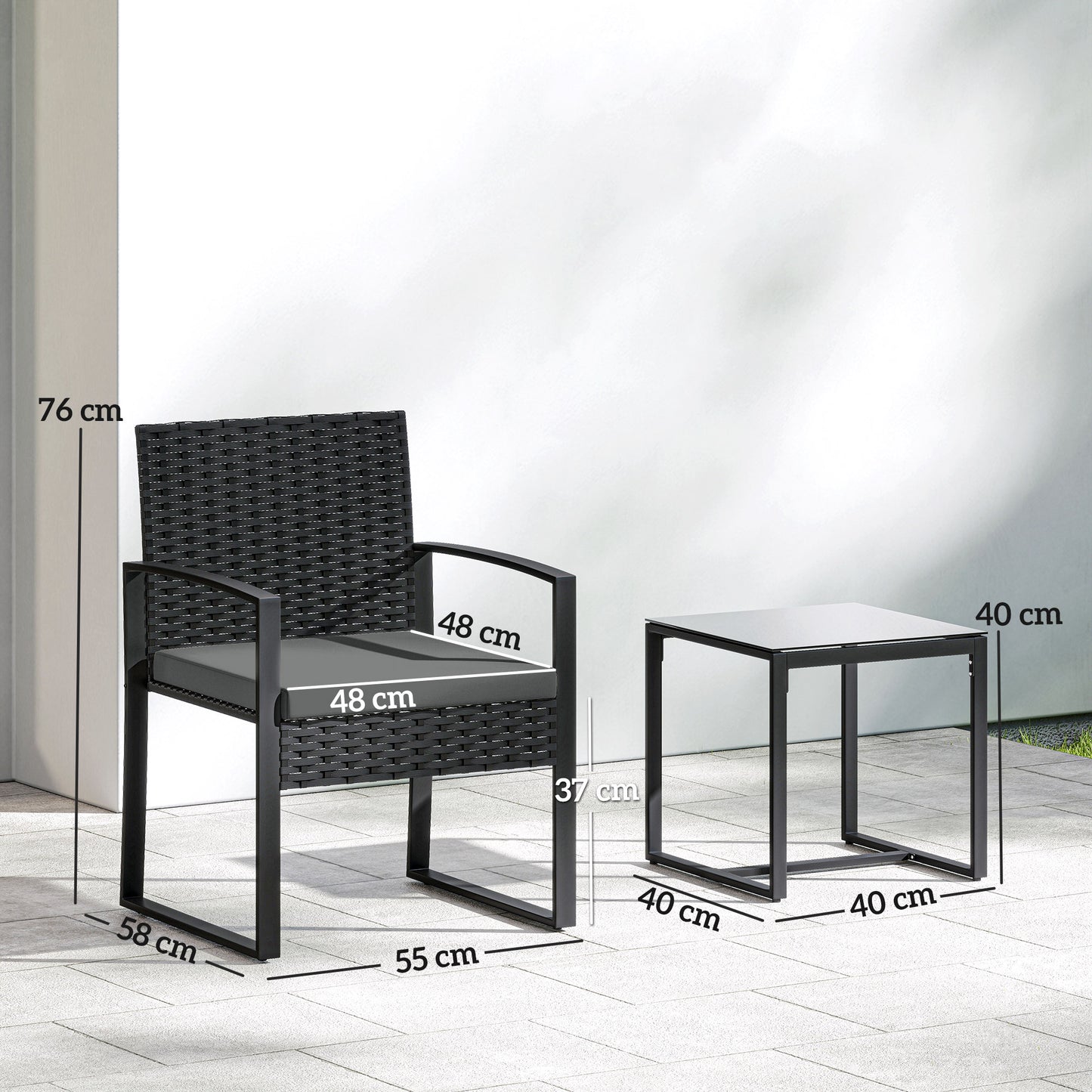 Rattan Bistro Set, 3 Piece Garden Furniture Set with Glass Top Table