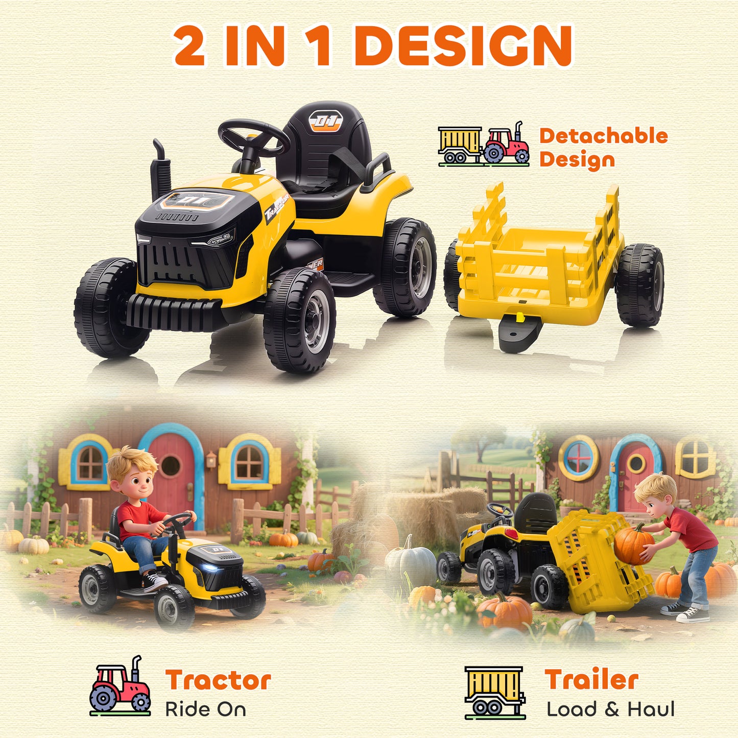 12V Ride on Tractor and Trailer with Remote Control, Music, Shifter
