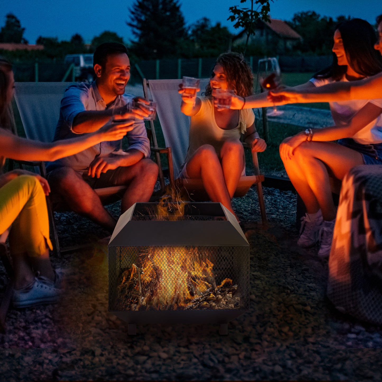 Metal Square Fire Pit Outdoor Mesh Firepit Brazier w/ Lid, Log Grate