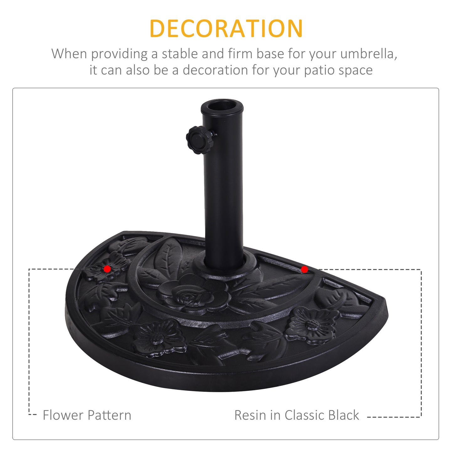 9kg Resin Parasol Base, Half Round Umbrella Stand with Floral Design