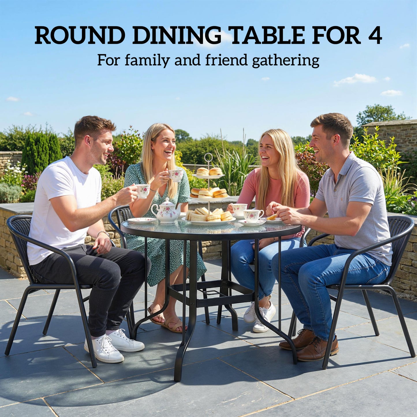 Tempered Glass Top Round Outdoor Dining Table with Parasol Hole