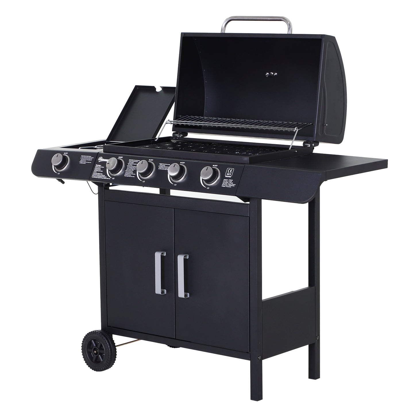 4+1 Burner Gas BBQ Grill, Outdoor Barbecue Trolley with Wheels
