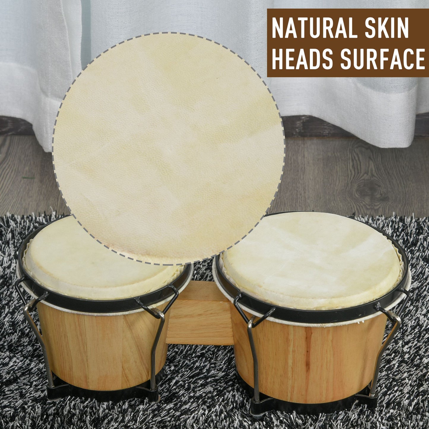 Wooden Bongo Drum Set Φ7.75" & Φ7" w/ Drum Head