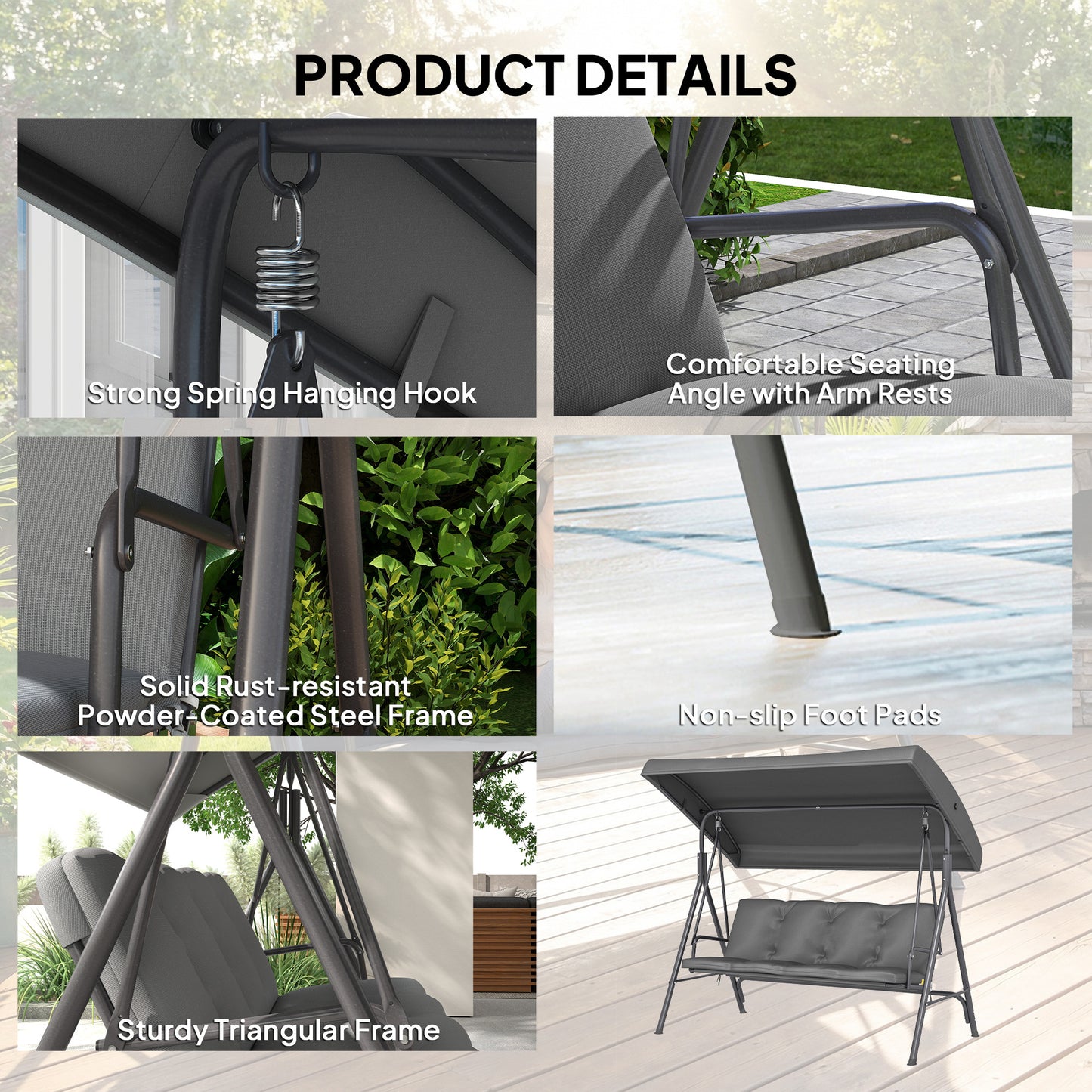 3 Seater Garden Swing Chair, Patio Rocking Bench with Tilting Canopy