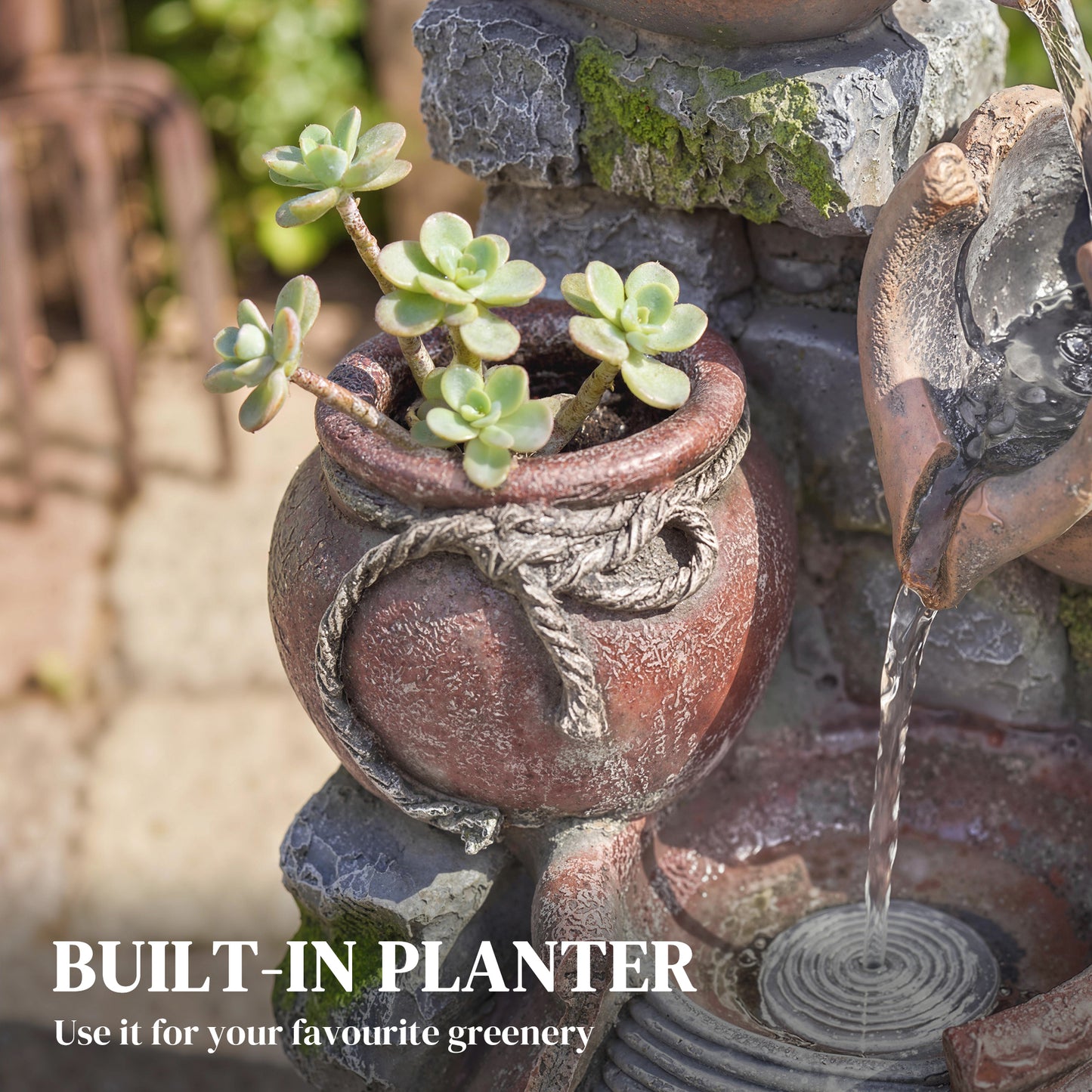 Outdoor Fountain with 4-Tier Rustic Pots & Planter