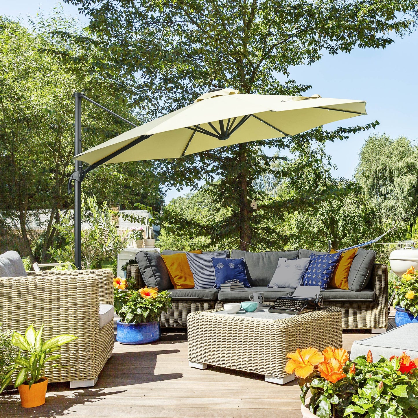 3(m) LED Cantilever Parasol Garden Sun Umbrella w/ Base