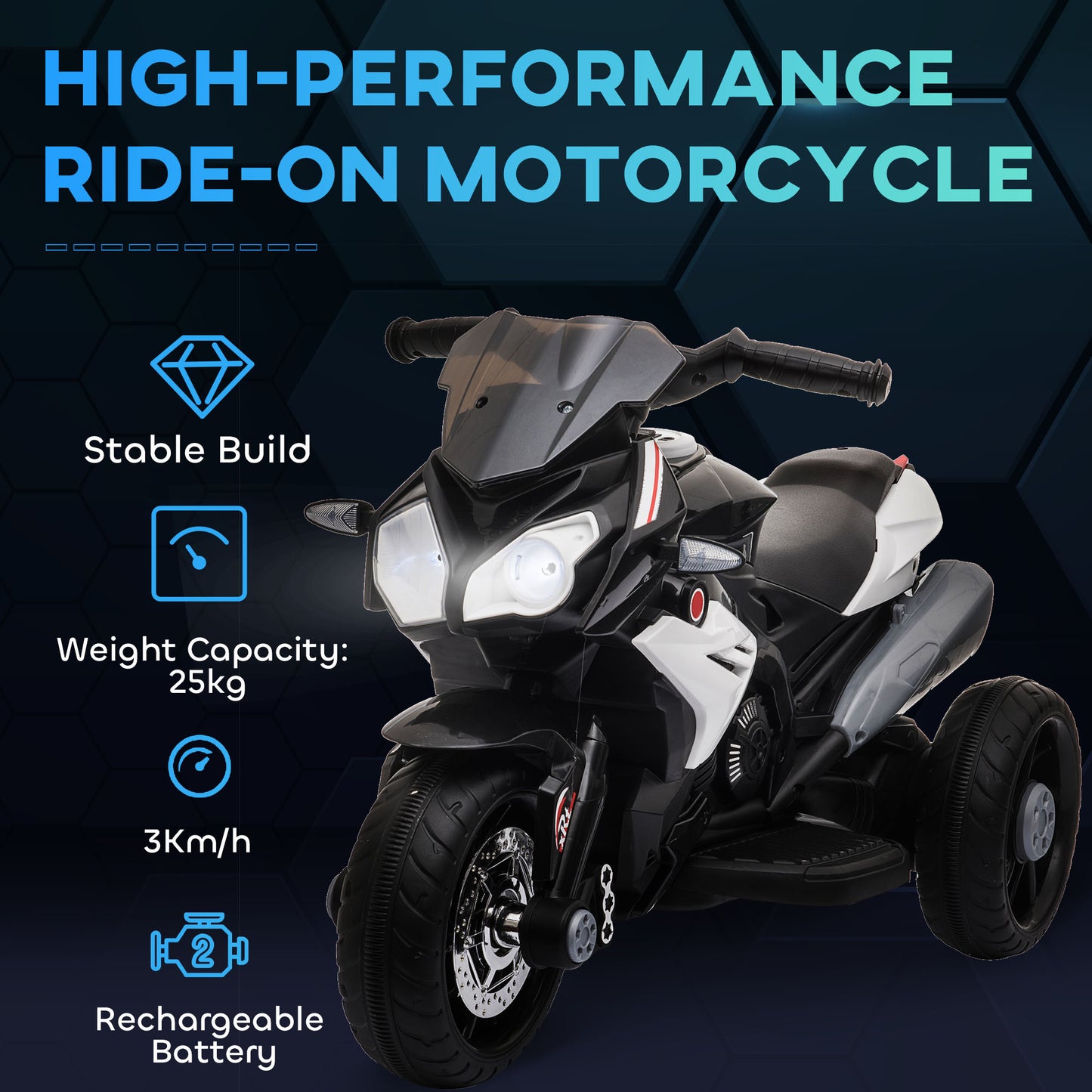 Kids Electric Motorcycle Ride-On Toy, with Three Wheels, Music, Horn