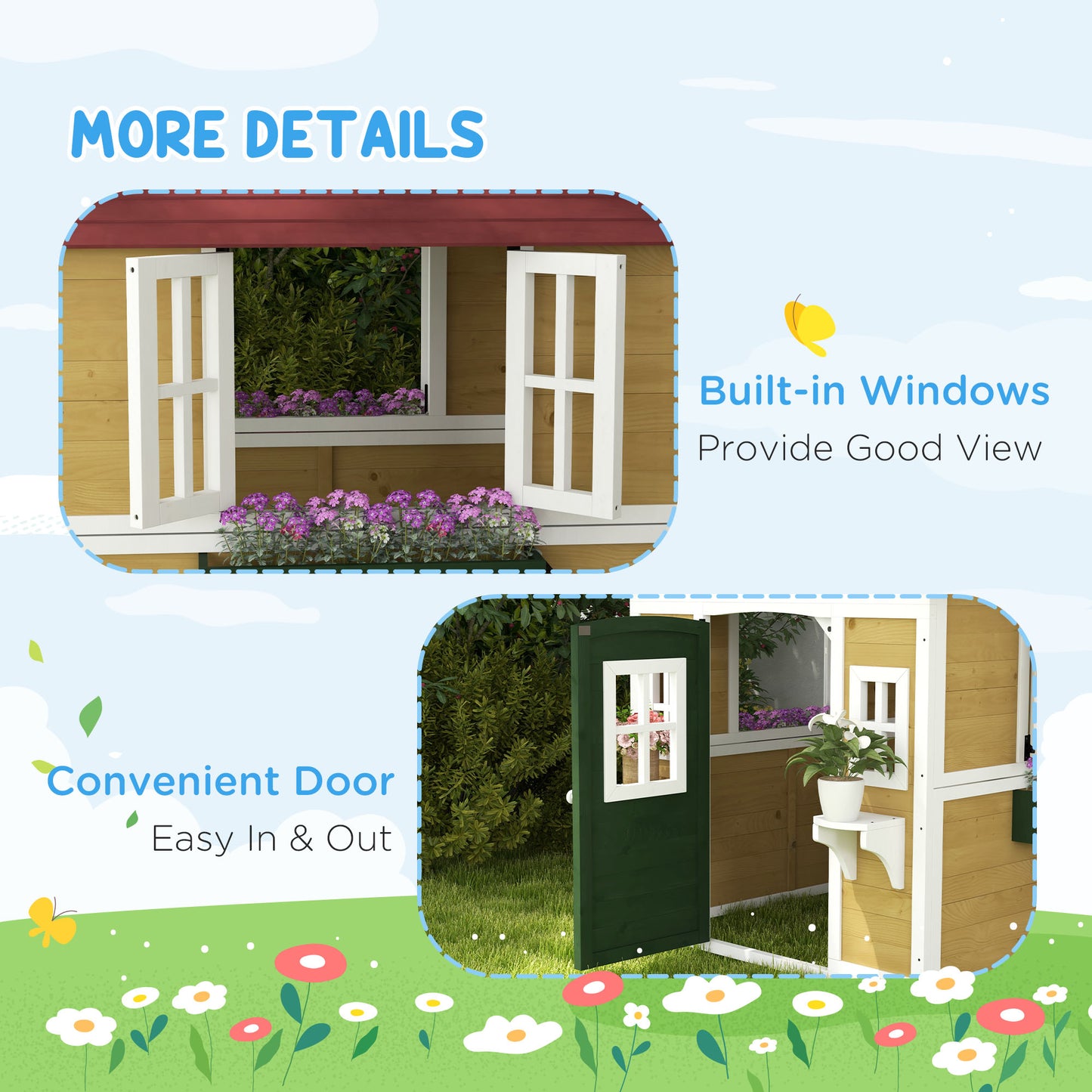 Wooden Playhouse with Doors, Windows, Plant Pots, Boxes, for 3-8 Years