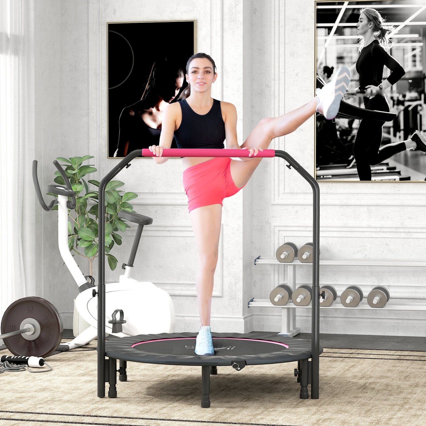 48" Foldable Mini Fitness Trampoline, with Adjustable Foam Handle