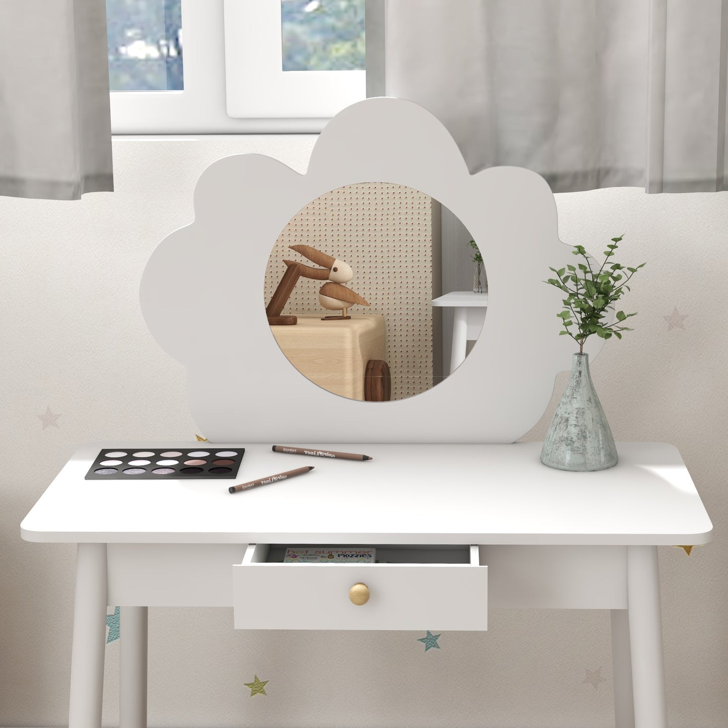Kids Dressing Table with Mirror, Stool, Drawer, Cloud Design
