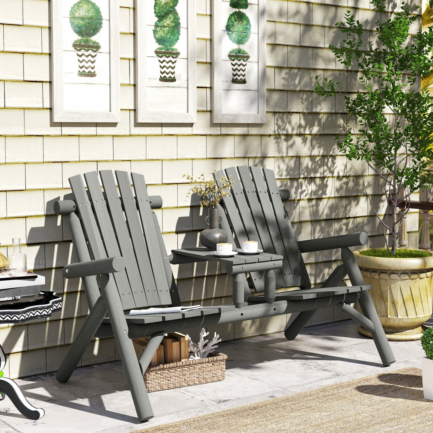Wood Patio Chair Bench 2 Seats w/ Centre Coffee Table, Garden Bench