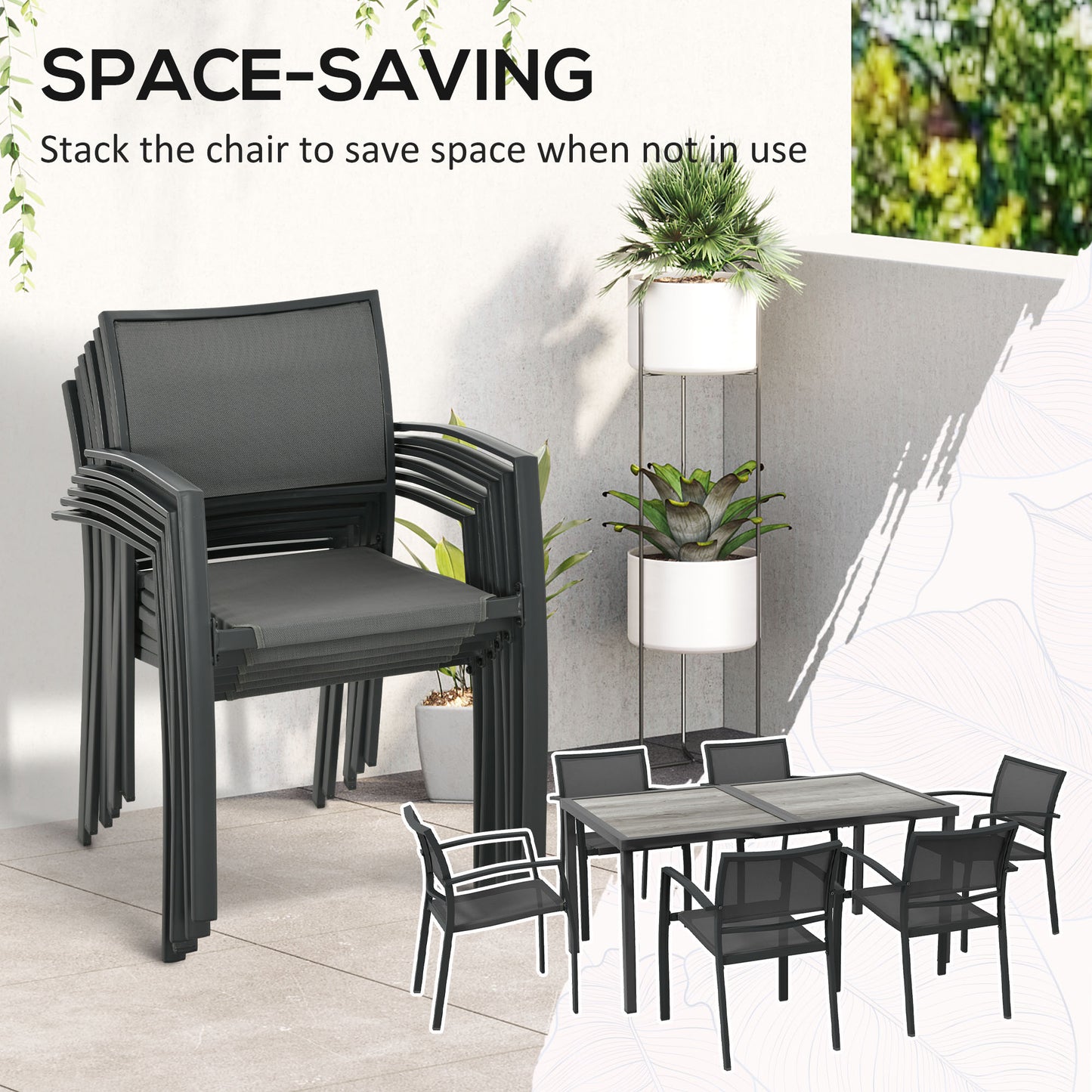 Seven-Piece Casual Outdoor Dining Set, with Wood-Effect Table