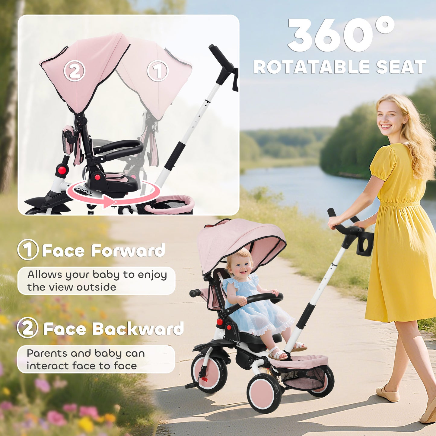 6 in 1 Foldable Kids Trike with Adjustable Parent Handle & Canopy