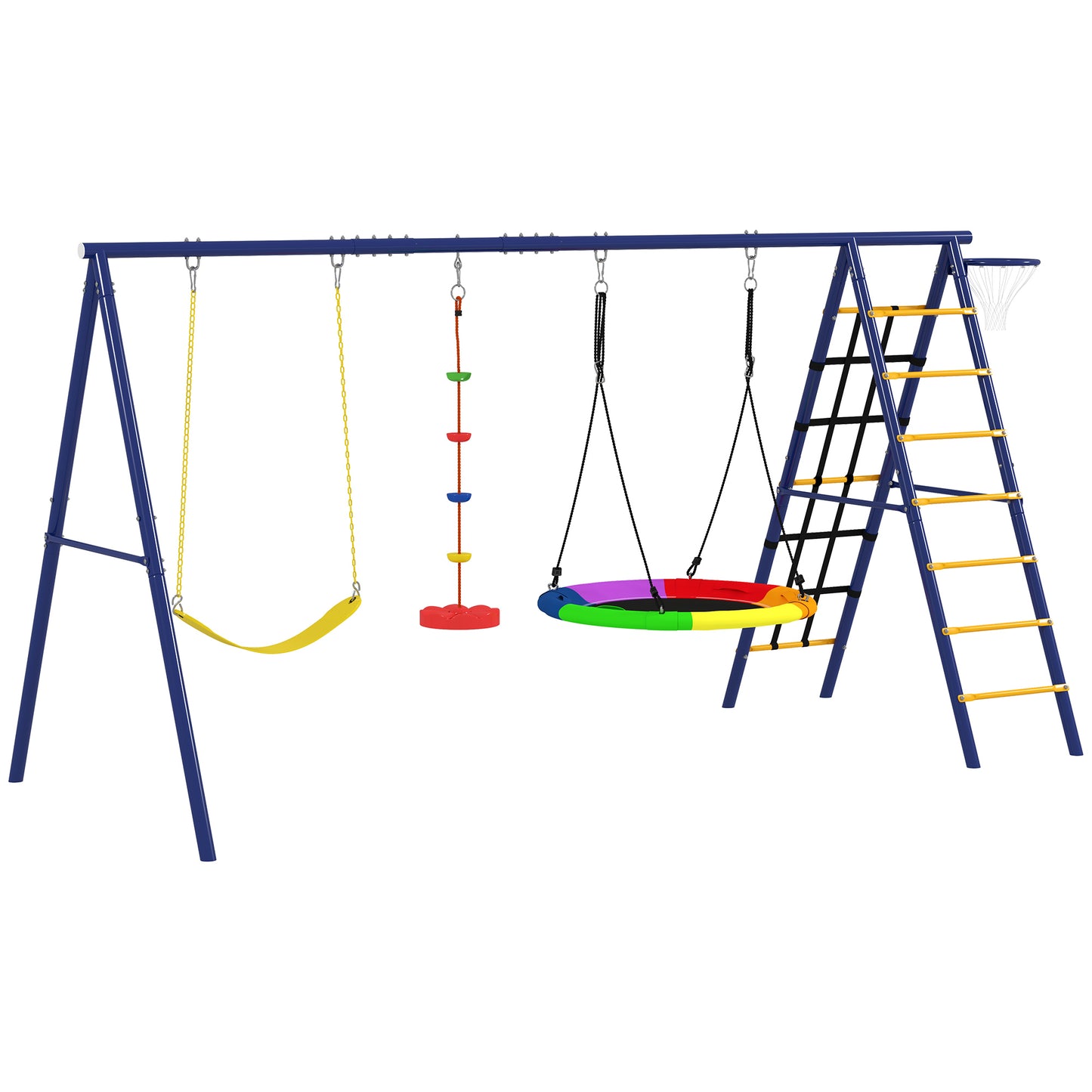 6 in 1 Metal Kids Swing Set with 3 Swings, Climbing Ladder & Net