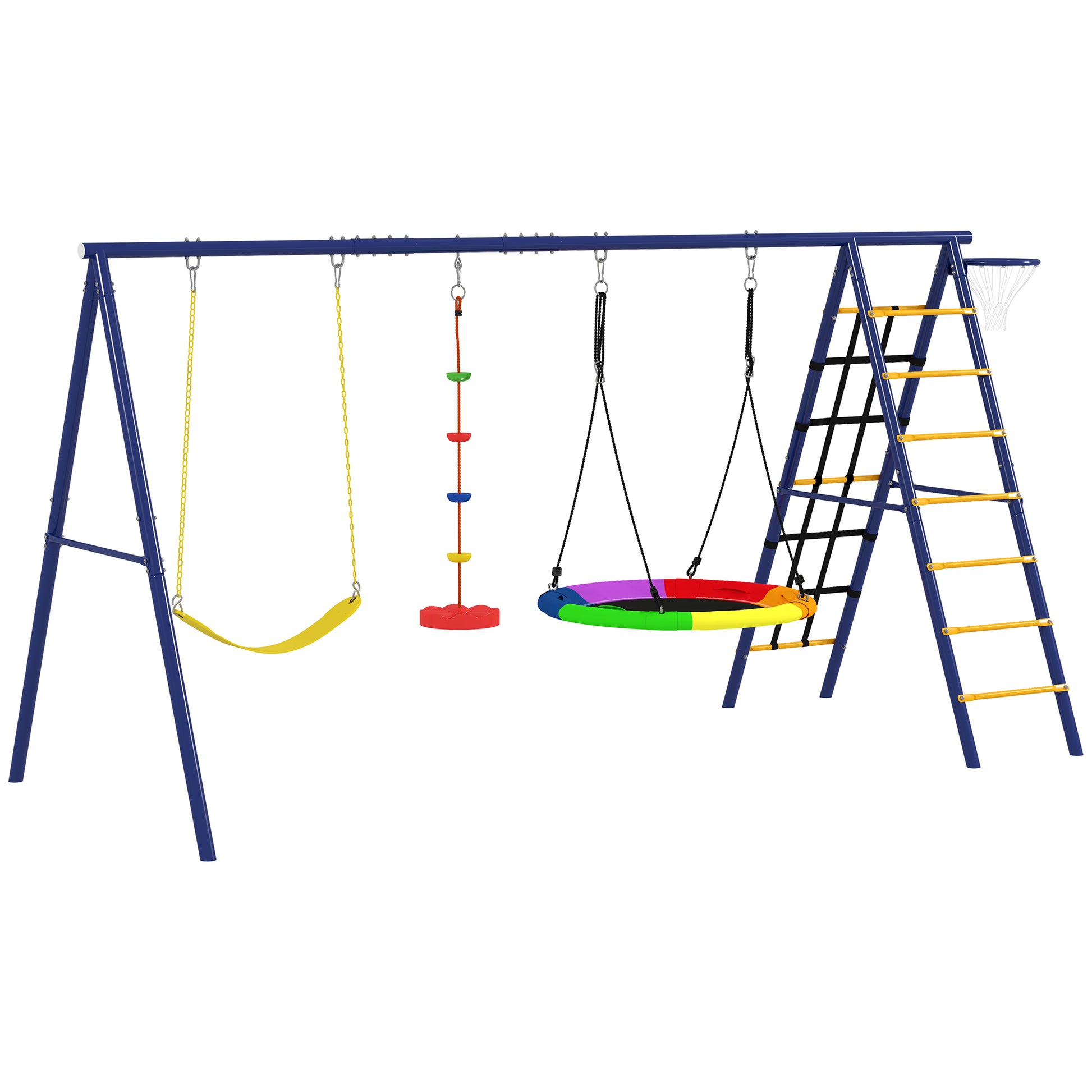 6 in 1 Metal Kids Swing Set with 3 Swings, Climbing Ladder & Net